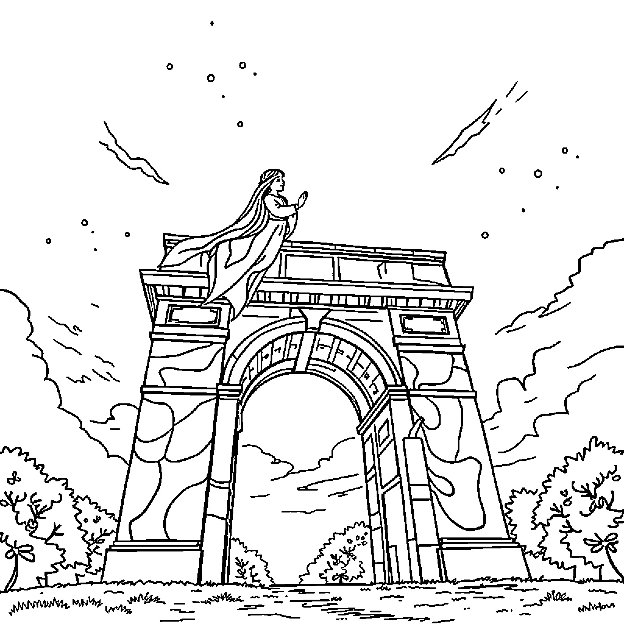 Soignante gazes upon the grand city arch Coloring Page (free black-and-white line drawing printable PDF for all, from beginners to advanced learners, including children, teens, adults, and seniors)