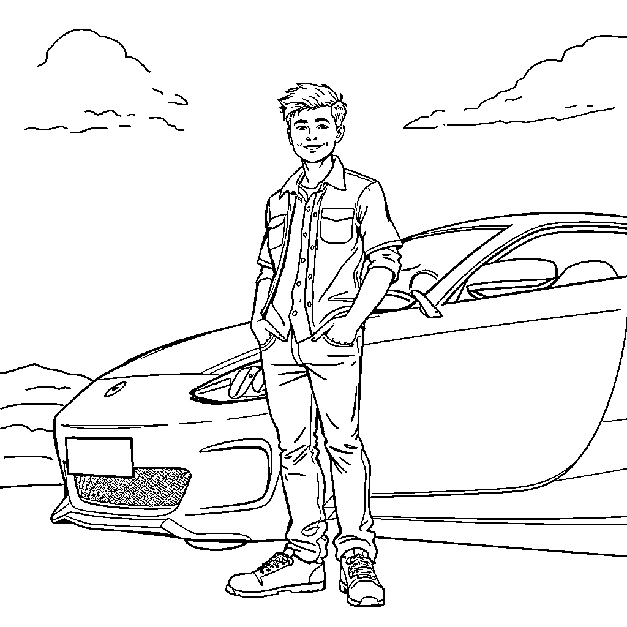 Car Driver Posing Confidently Outdoors Coloring Page (free black-and-white line drawing printable PDF for all, from beginners to advanced learners, including children, teens, adults, and seniors)