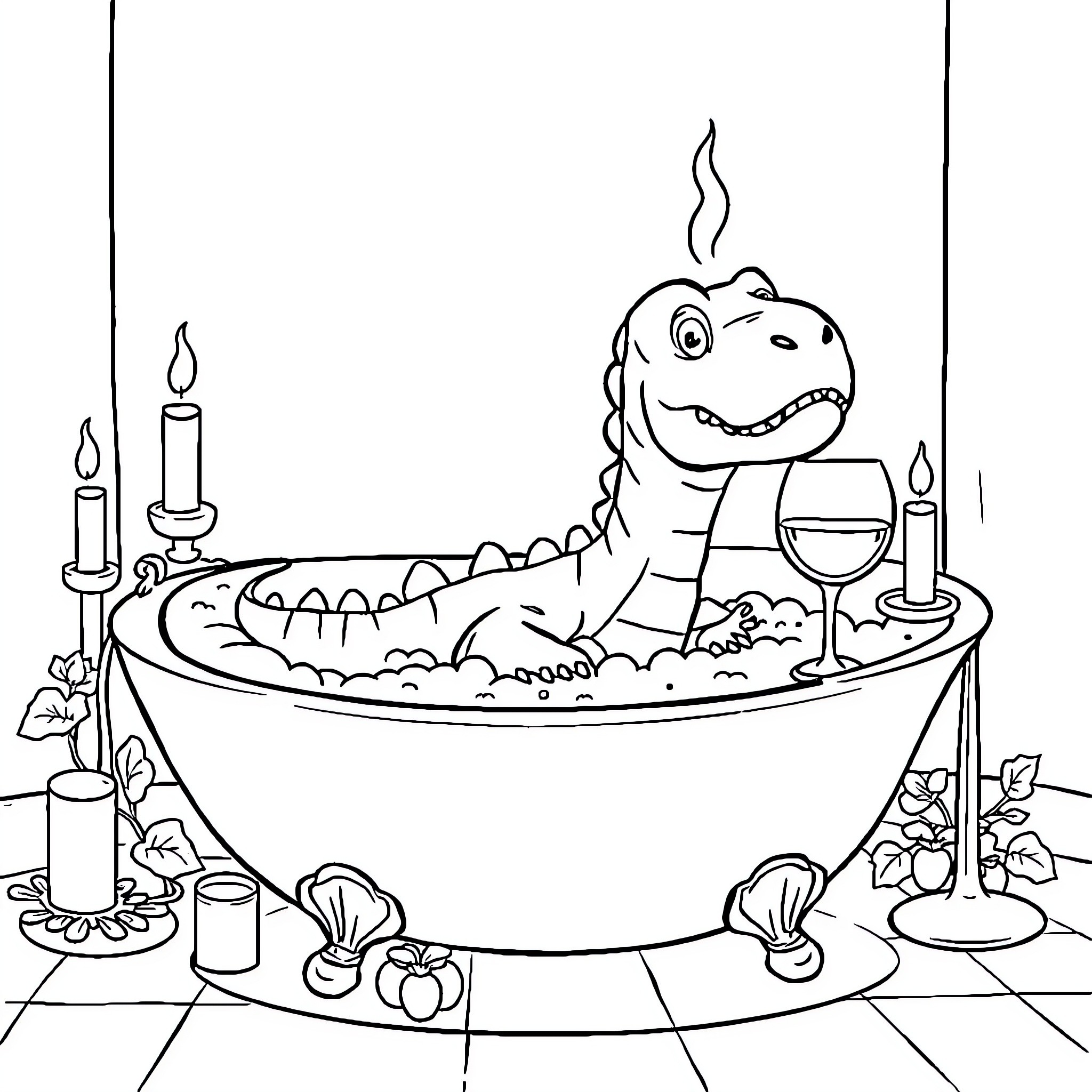 Dinosaur Relaxing in Candlelit Bathtub Coloring Page (free black-and-white line drawing printable PDF for all, from beginners to advanced learners, including children, teens, adults, and seniors)