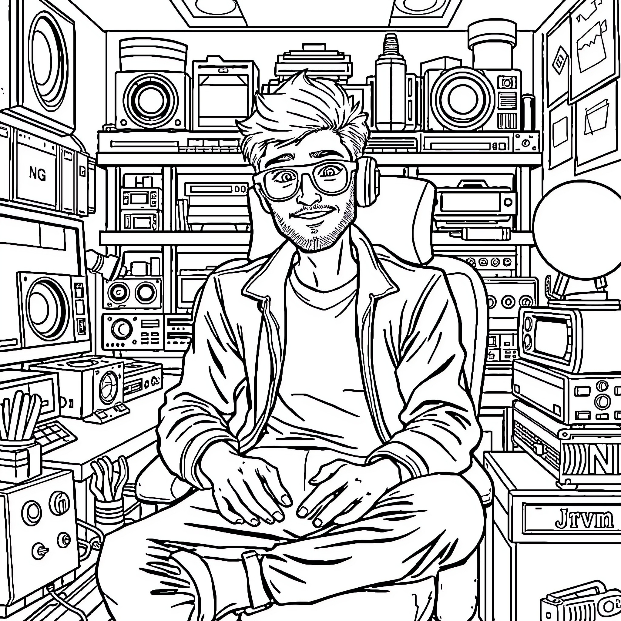 Nerd in a media-filled environment Coloring Page (free black-and-white line drawing printable PDF for all, from beginners to advanced learners, including children, teens, adults, and seniors)