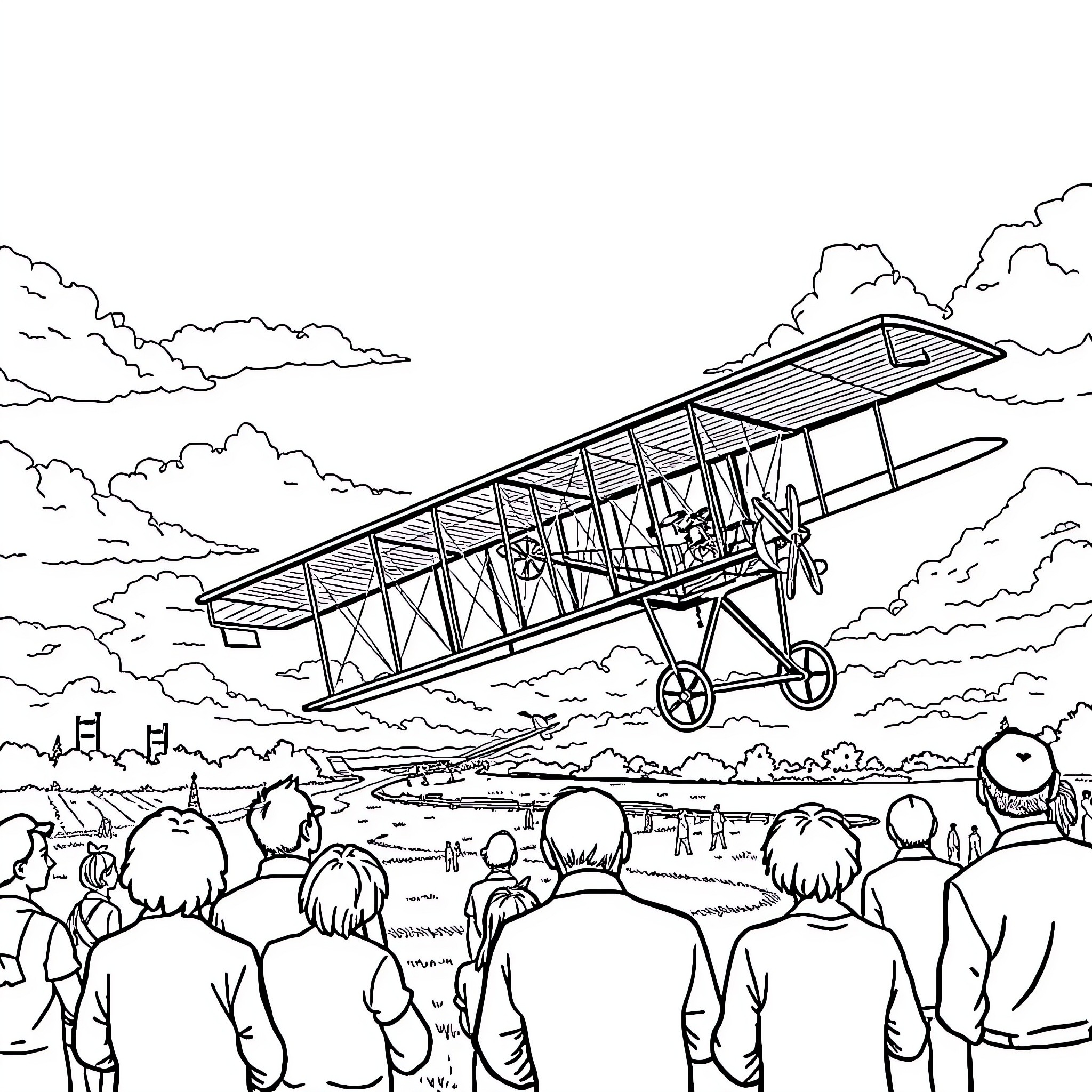 Wright Flyer takes flight in front of spectators Coloring Page (free black-and-white line drawing printable PDF for all, from beginners to advanced learners, including children, teens, adults, and seniors)