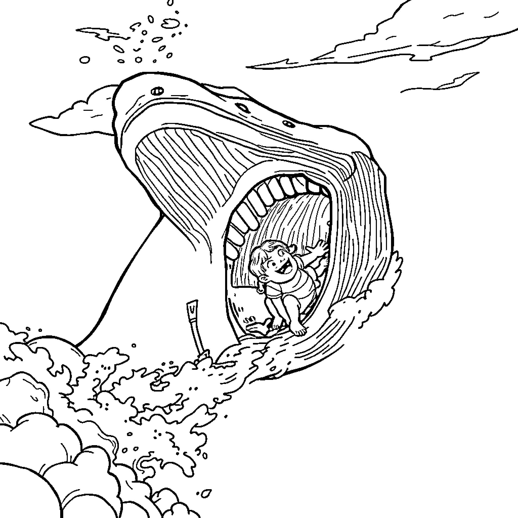 Whale swallows person in dramatic seascape Coloring Page (free black-and-white line drawing printable PDF for all, from beginners to advanced learners, including children, teens, adults, and seniors)