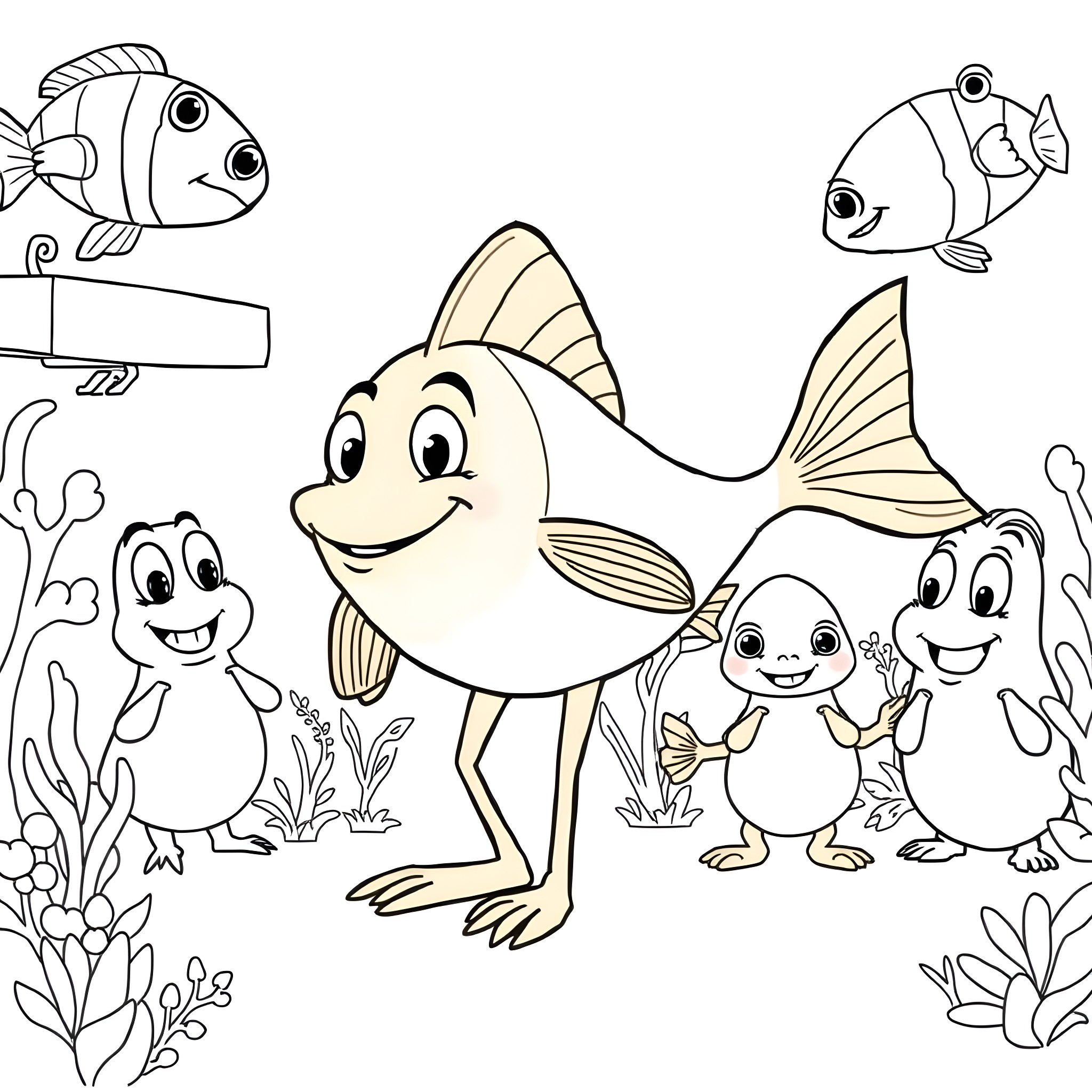 Darwin's Underwater Creature Friends Coloring Page (free black-and-white line drawing printable PDF for all, from beginners to advanced learners, including children, teens, adults, and seniors)