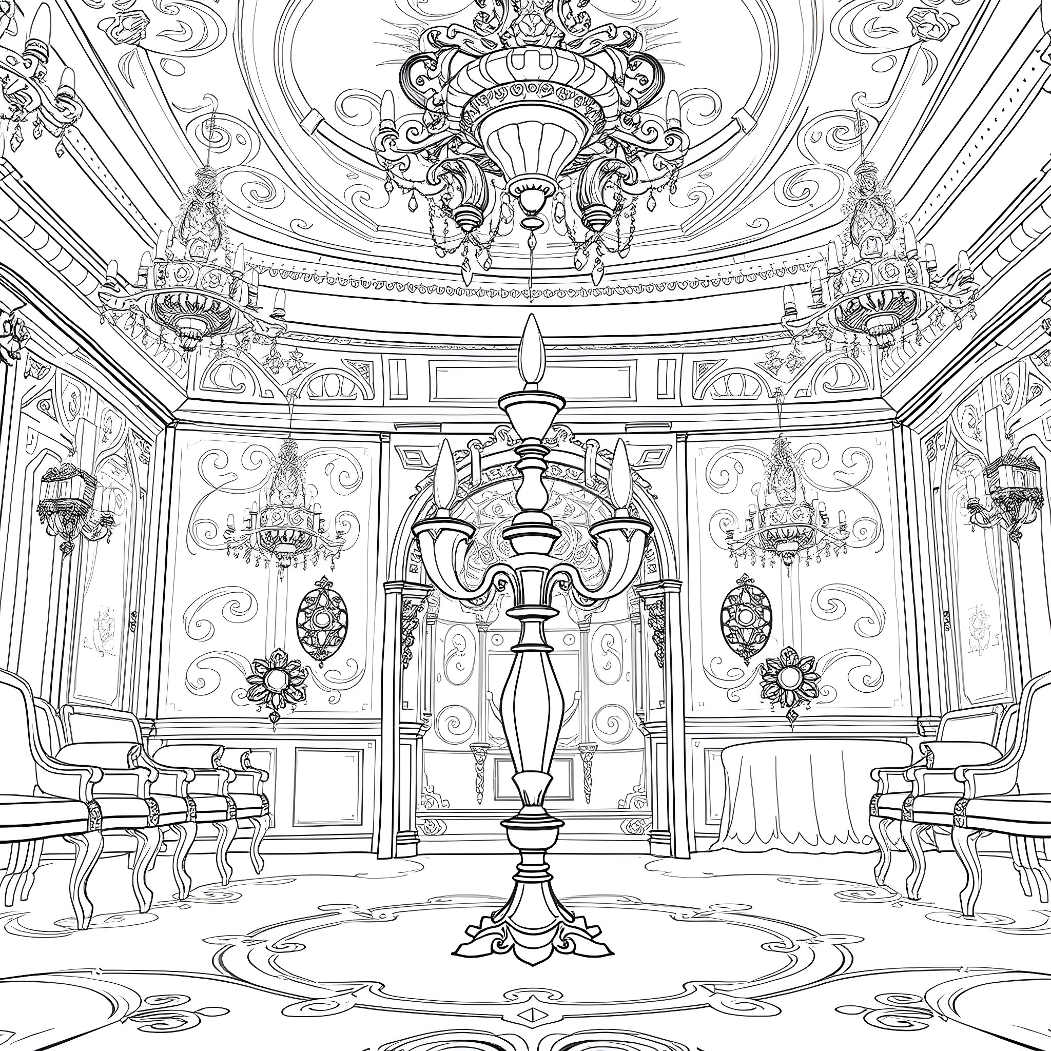 Lumiere's Opulent Ballroom Coloring Page (free black-and-white line drawing printable PDF for all, from beginners to advanced learners, including children, teens, adults, and seniors)