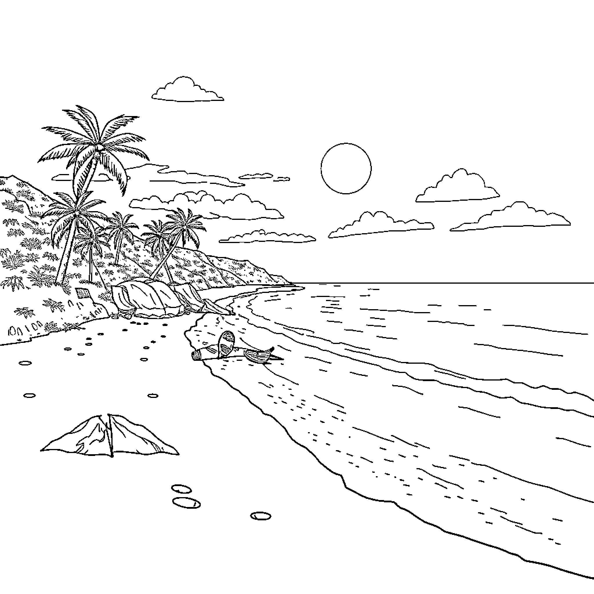 Playa beach scene with palm trees and sailboat Coloring Page (free black-and-white line drawing printable PDF for all, from beginners to advanced learners, including children, teens, adults, and seniors)
