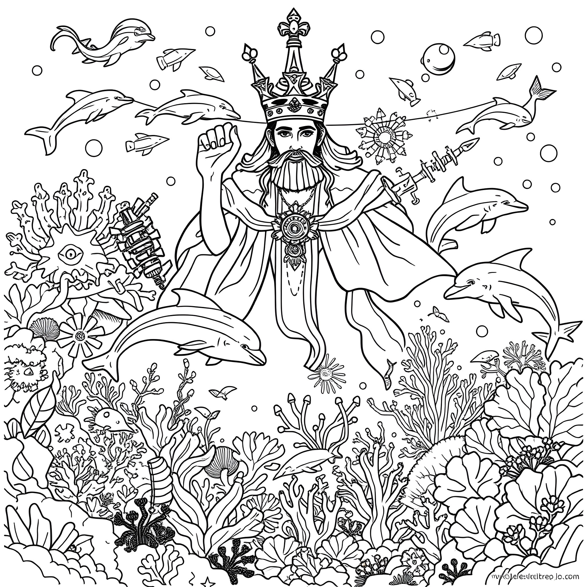 King of the Sea in Underwater Kingdom Coloring Page (free black-and-white line drawing printable PDF for all, from beginners to advanced learners, including children, teens, adults, and seniors)