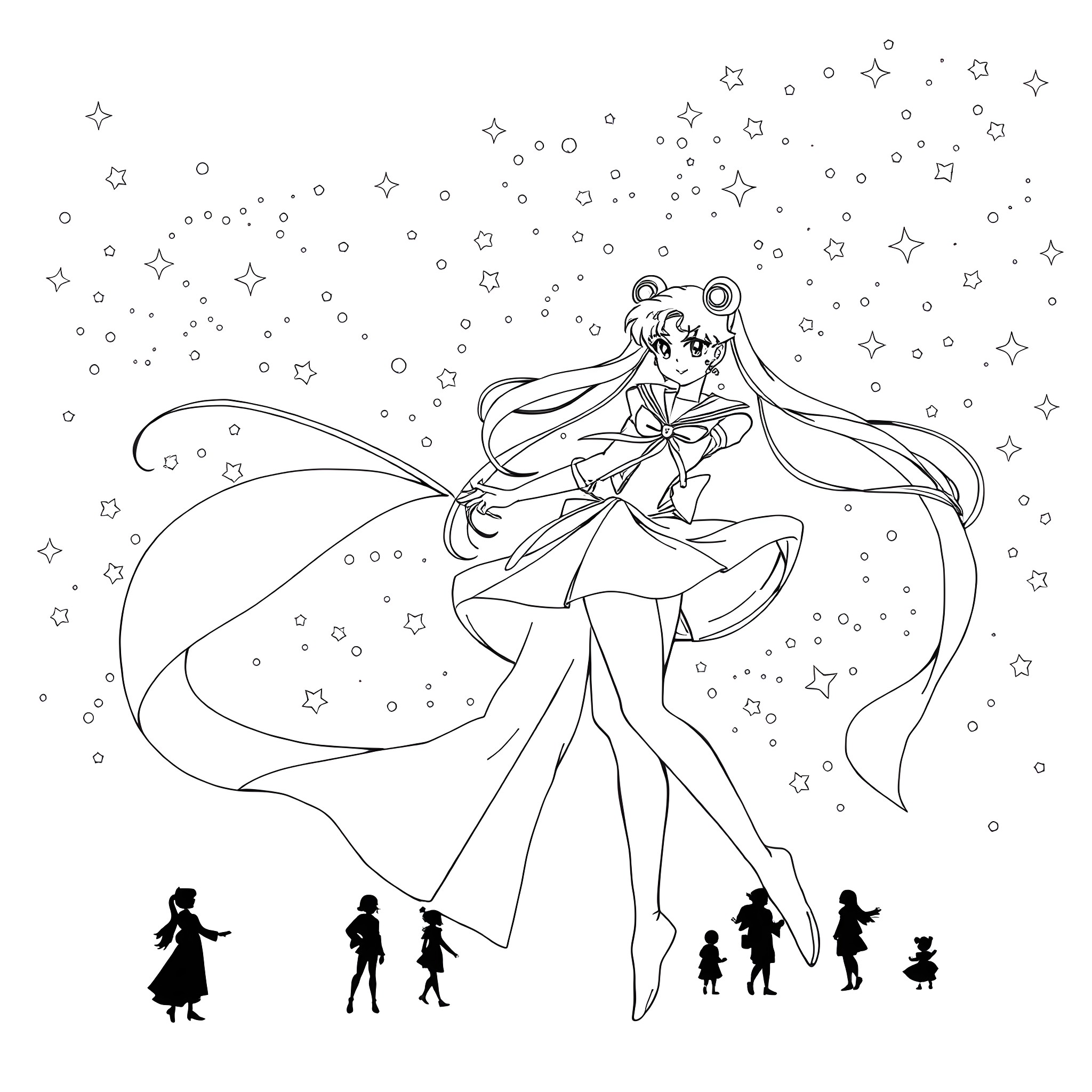 Sailor Moon casting a magical spell amidst the stars Coloring Page (free black-and-white line drawing printable PDF for all, from beginners to advanced learners, including children, teens, adults, and seniors)