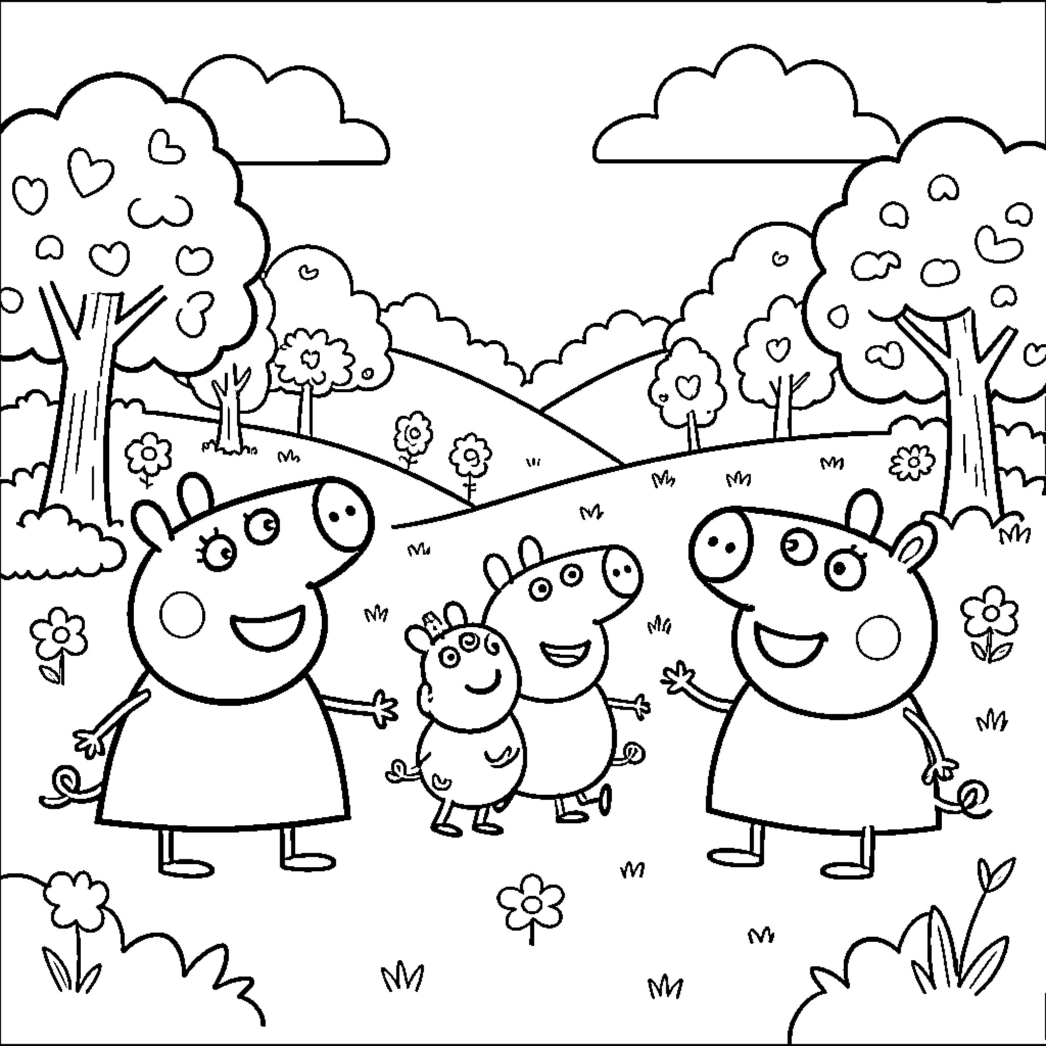Peppa Pig family enjoying a day in the countryside Coloring Page (free black-and-white line drawing printable PDF for all, from beginners to advanced learners, including children, teens, adults, and seniors)