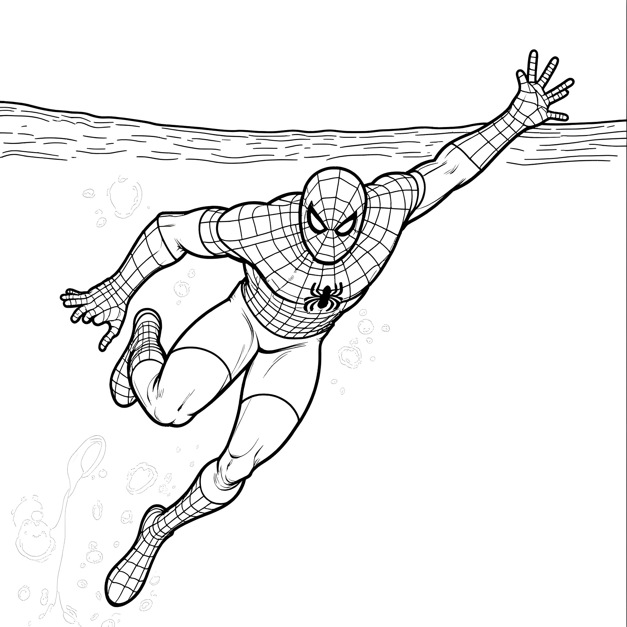 Spiderman heroically diving into the unknown Coloring Page (free black-and-white line drawing printable PDF for all, from beginners to advanced learners, including children, teens, adults, and seniors)