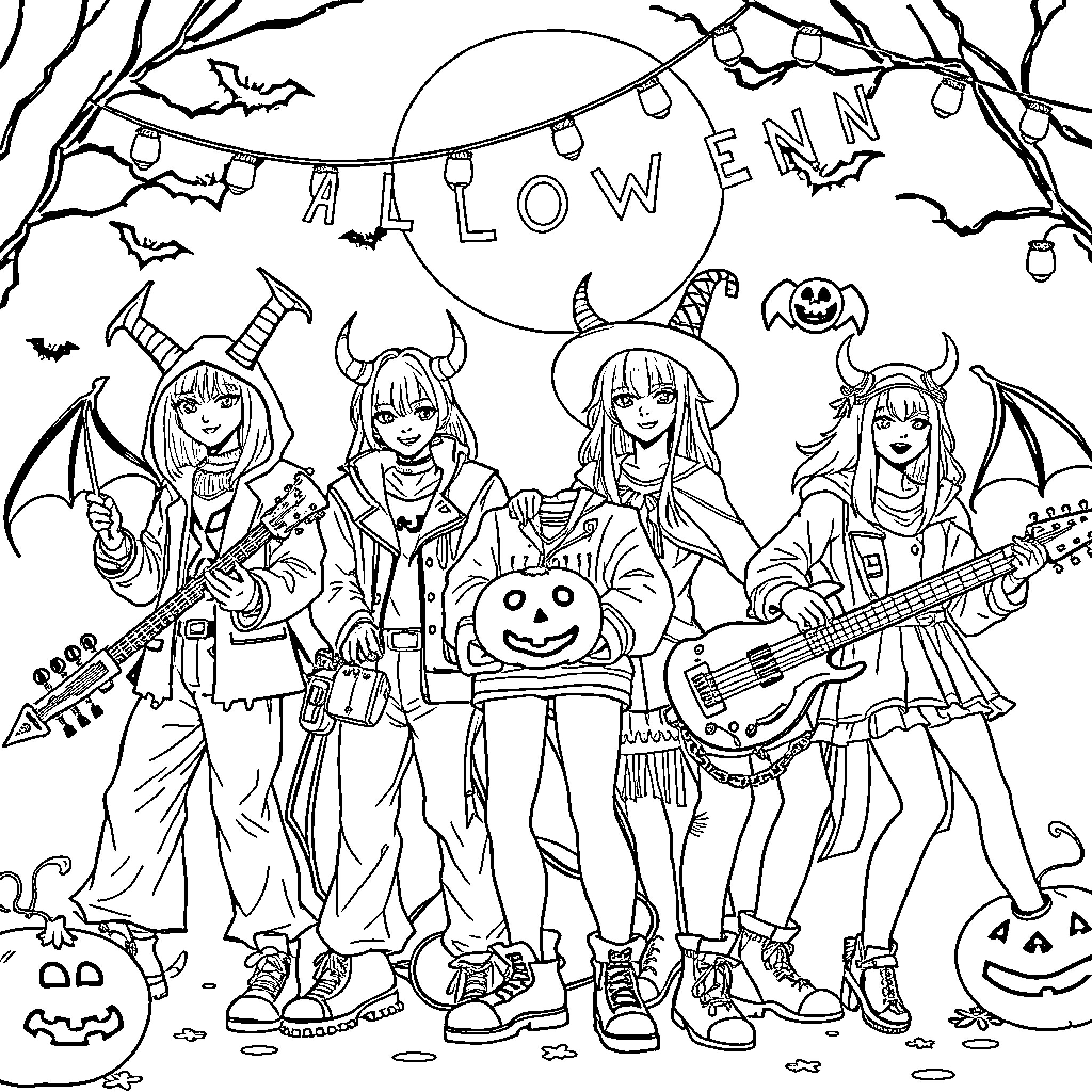 Demon Hunters in Festive Halloween Attire Coloring Page (free black-and-white line drawing printable PDF for all, from beginners to advanced learners, including children, teens, adults, and seniors)