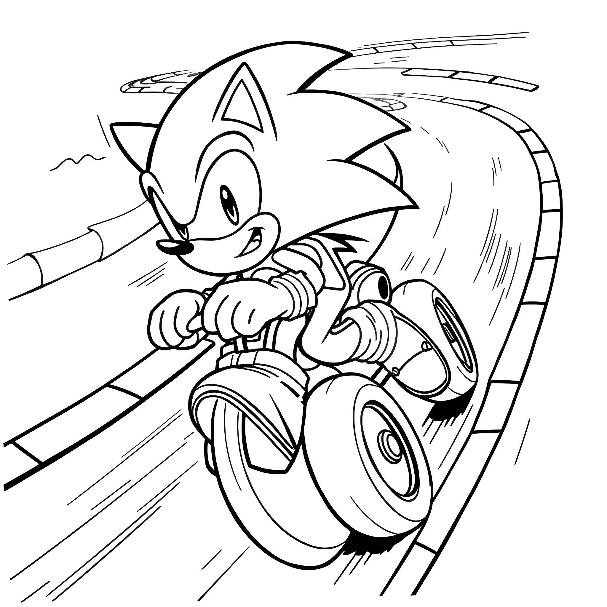 Sonic speeding through the rails Coloring Page (free black-and-white line drawing printable PDF for all, from beginners to advanced learners, including children, teens, adults, and seniors)
