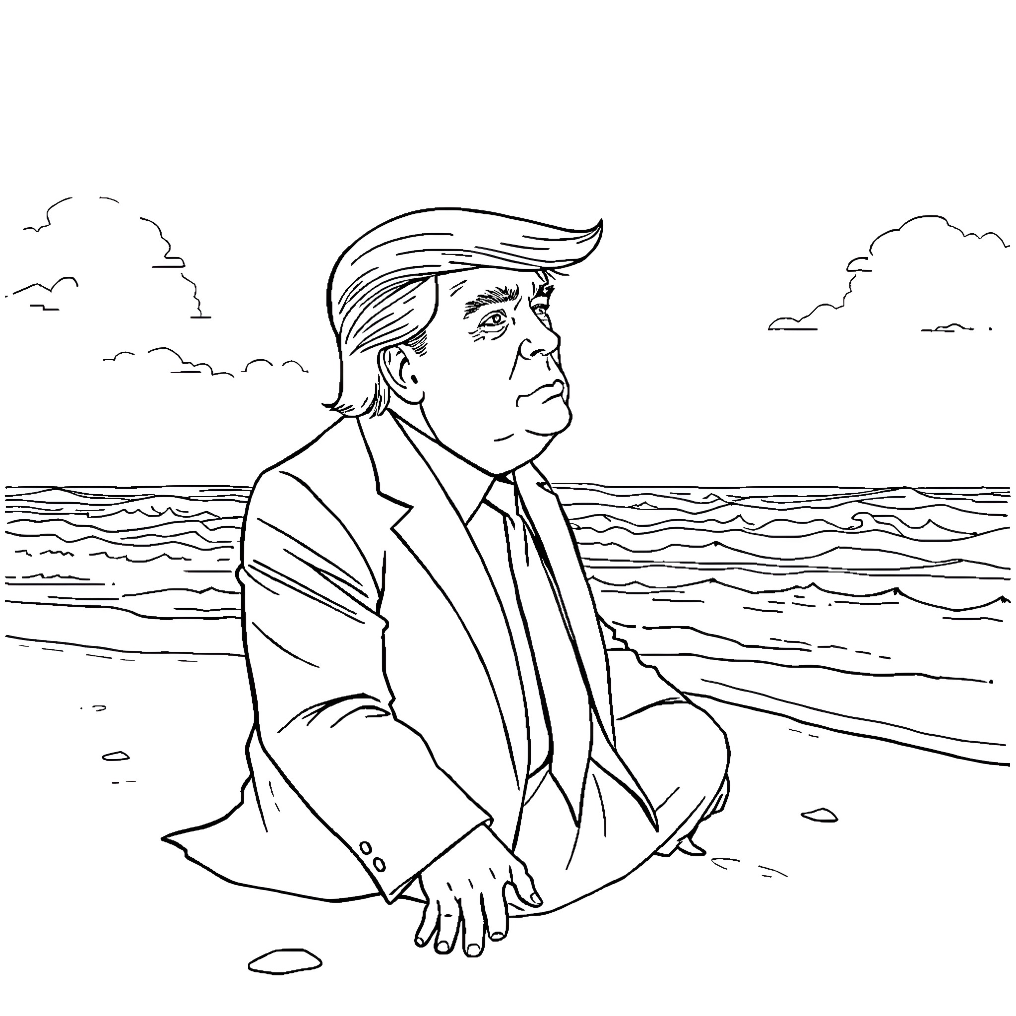 Trump Sitting Pensive on the Beach Coloring Page (free black-and-white line drawing printable PDF for all, from beginners to advanced learners, including children, teens, adults, and seniors)