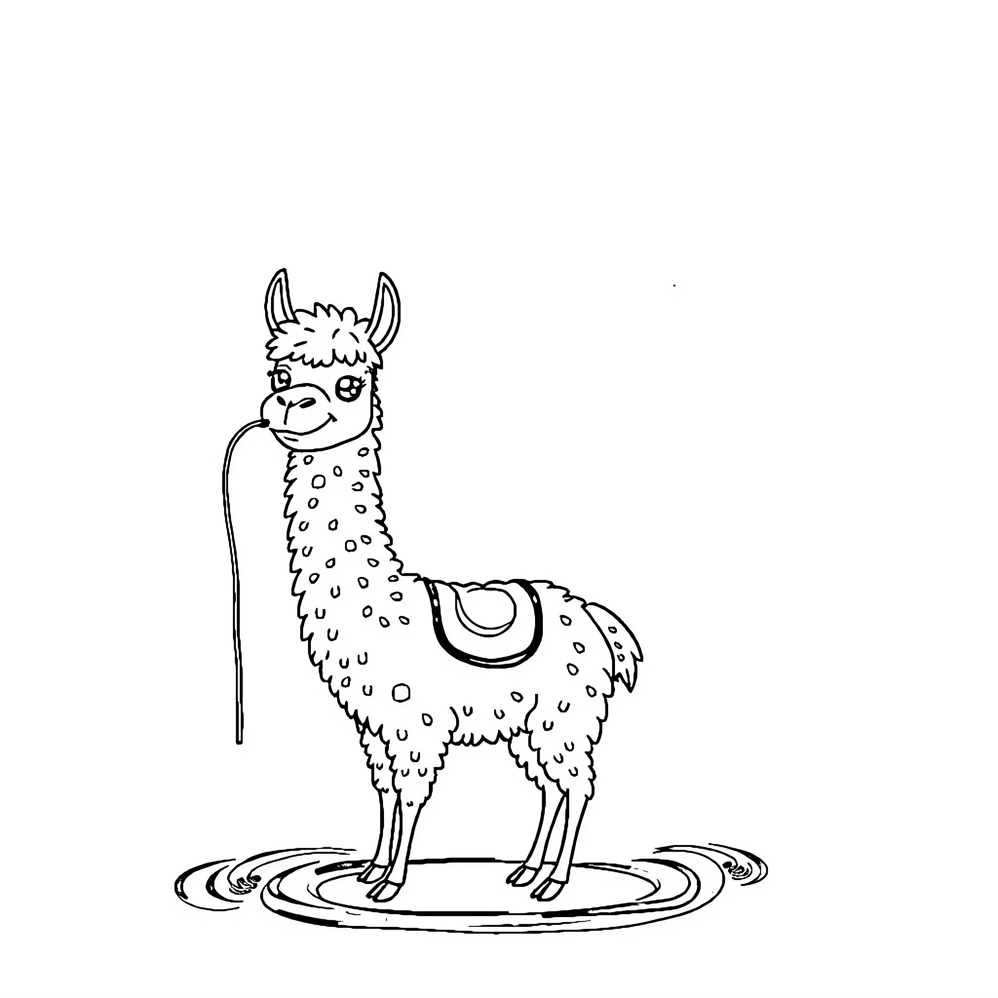 Llama standing in a puddle Coloring Page (free black-and-white line drawing printable PDF for all, from beginners to advanced learners, including children, teens, adults, and seniors)