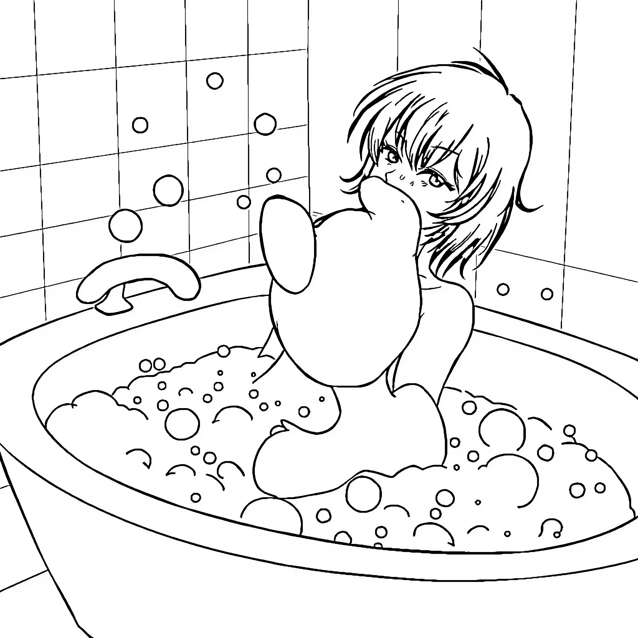 Ranma relaxing in a soapy bath Coloring Page (free black-and-white line drawing printable PDF for all, from beginners to advanced learners, including children, teens, adults, and seniors)