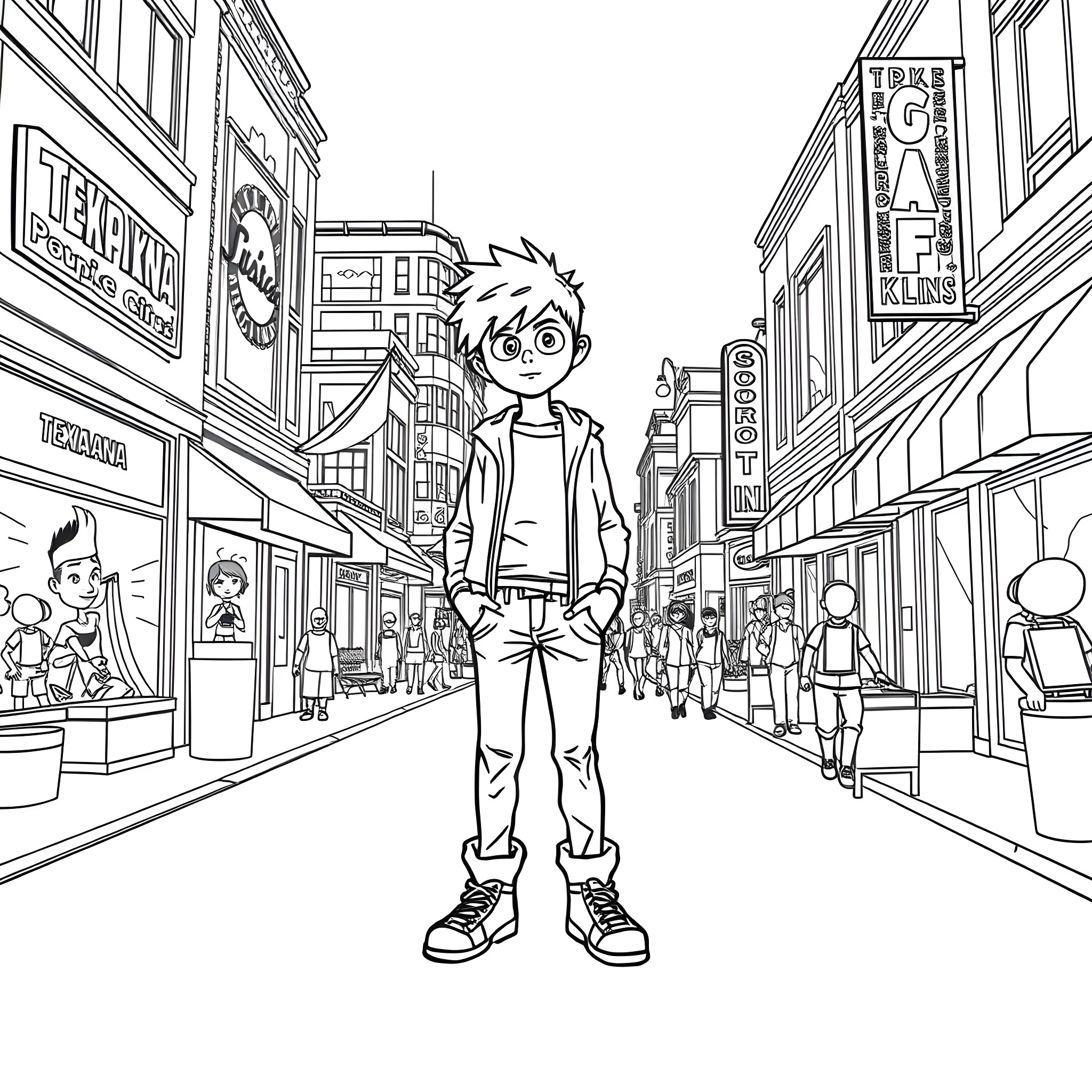 Scott Pilgrim navigates the vibrant city streets Coloring Page (free black-and-white line drawing printable PDF for all, from beginners to advanced learners, including children, teens, adults, and seniors)