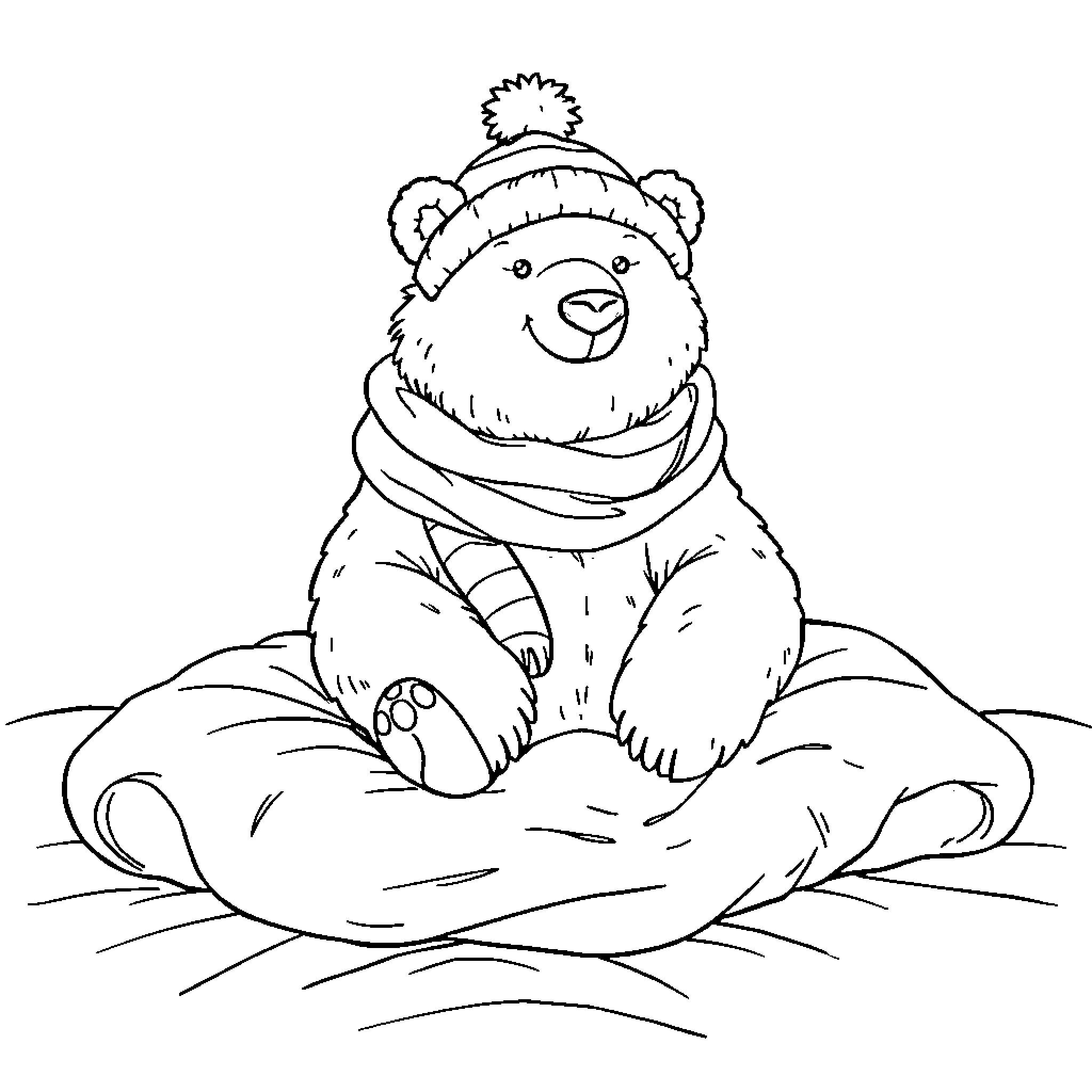 Polar Bear in Winter Outfit Coloring Page (free black-and-white line drawing printable PDF for all, from beginners to advanced learners, including children, teens, adults, and seniors)
