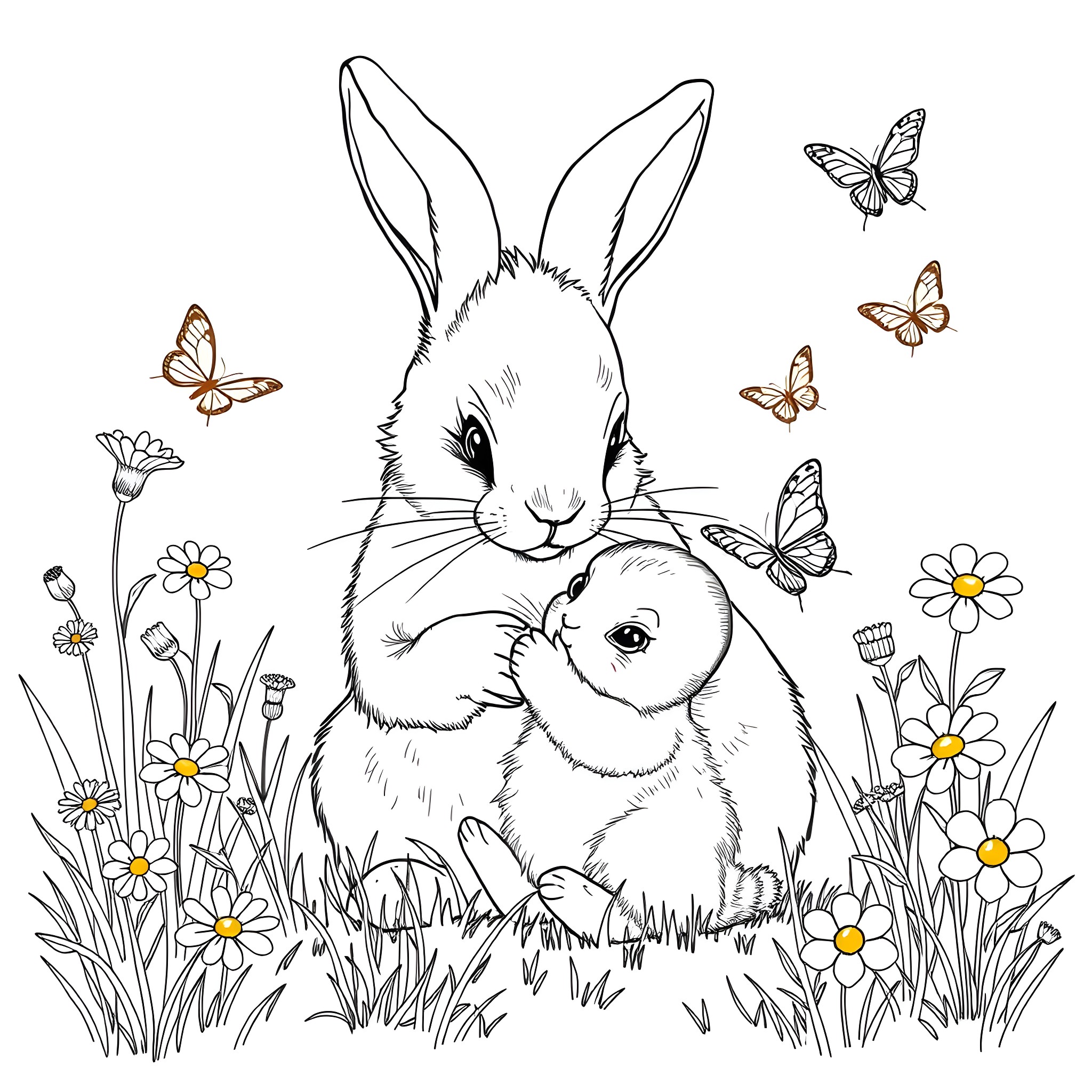 Rabbit and its baby in a field of flowers Coloring Page (free black-and-white line drawing printable PDF for all, from beginners to advanced learners, including children, teens, adults, and seniors)