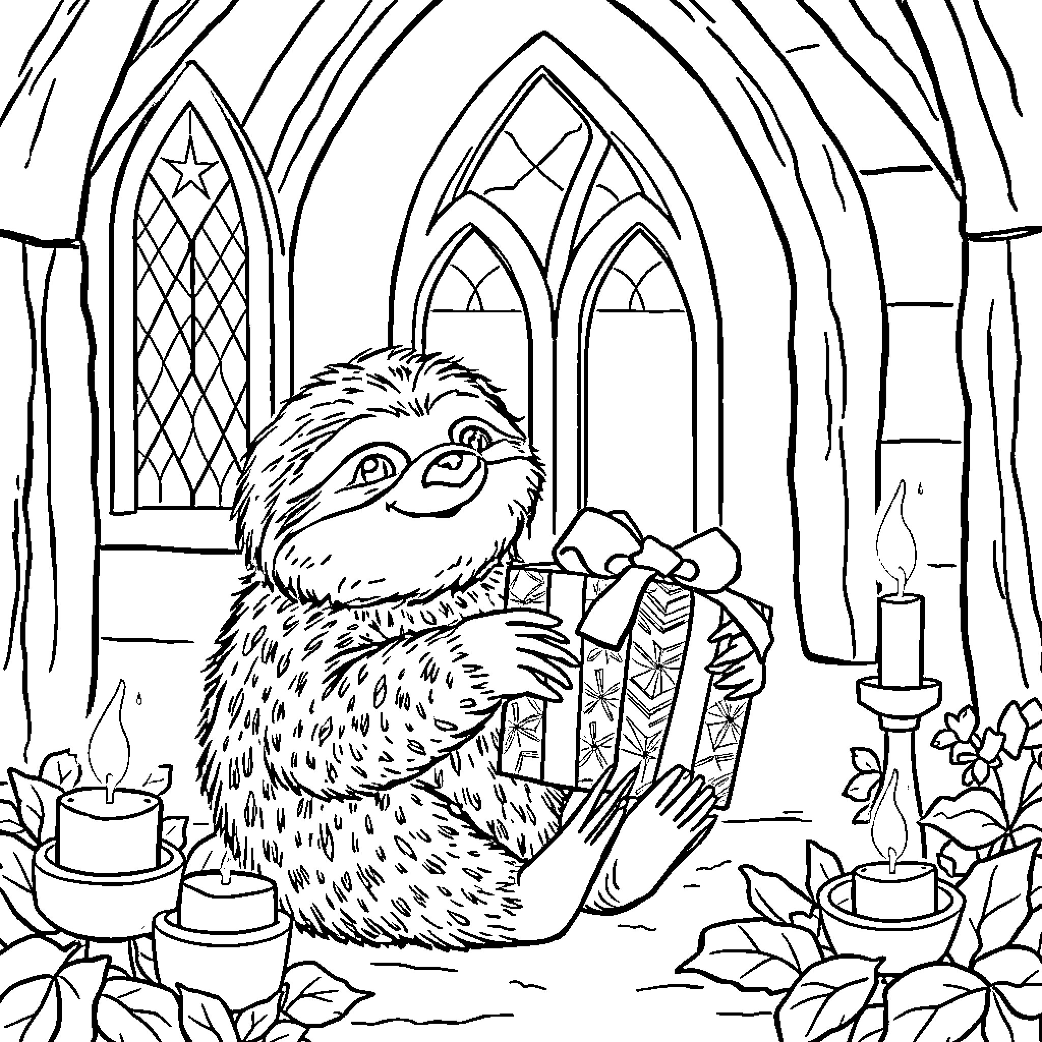 Sloth enjoying a cozy gathering in a gothic church Coloring Page (free black-and-white line drawing printable PDF for all, from beginners to advanced learners, including children, teens, adults, and seniors)