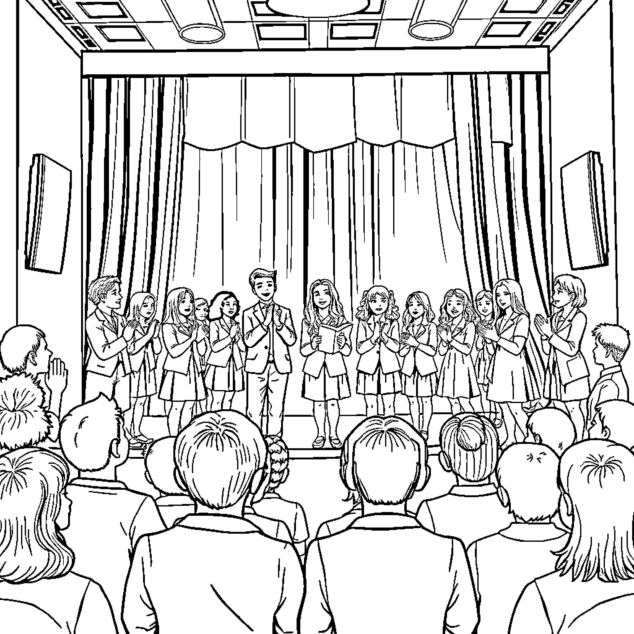 Students Performing on Stage Coloring Page (free black-and-white line drawing printable PDF for all, from beginners to advanced learners, including children, teens, adults, and seniors)