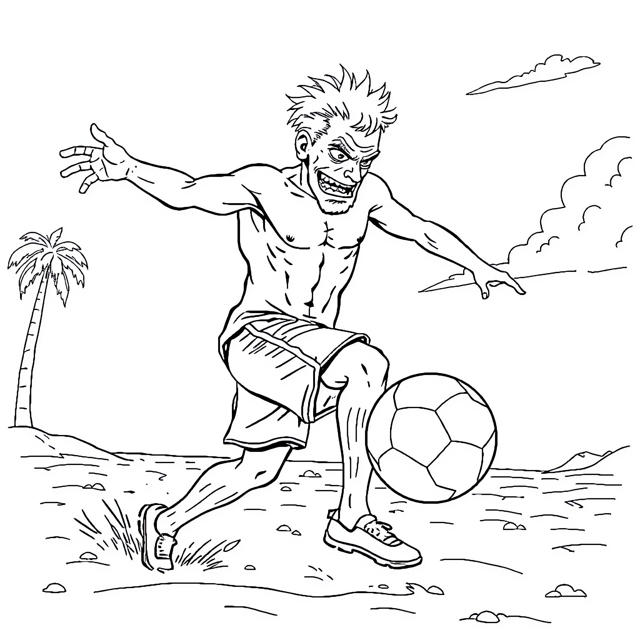 Badman playing soccer on a tropical beach Coloring Page (free black-and-white line drawing printable PDF for all, from beginners to advanced learners, including children, teens, adults, and seniors)