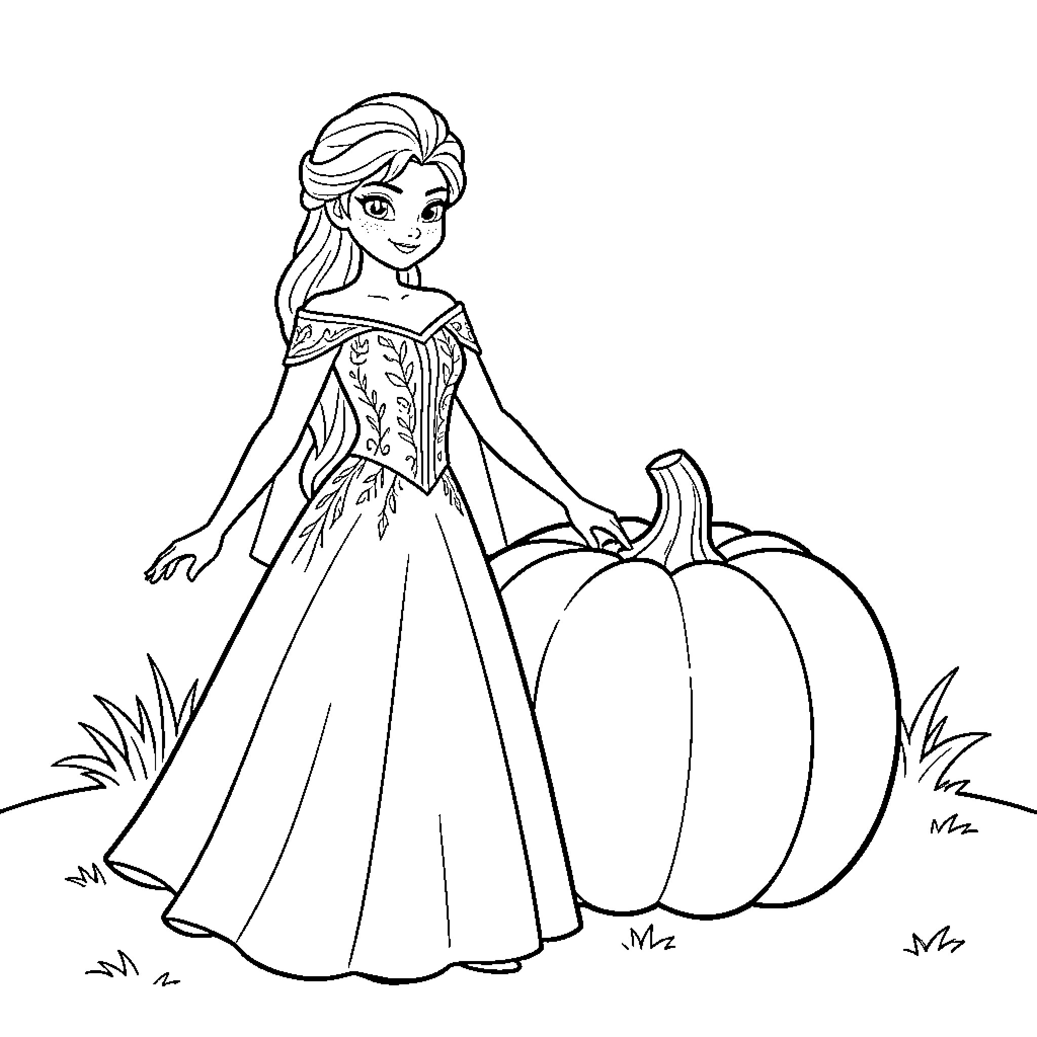Elsa standing gracefully next to a large pumpkin Coloring Page (free black-and-white line drawing printable PDF for all, from beginners to advanced learners, including children, teens, adults, and seniors)