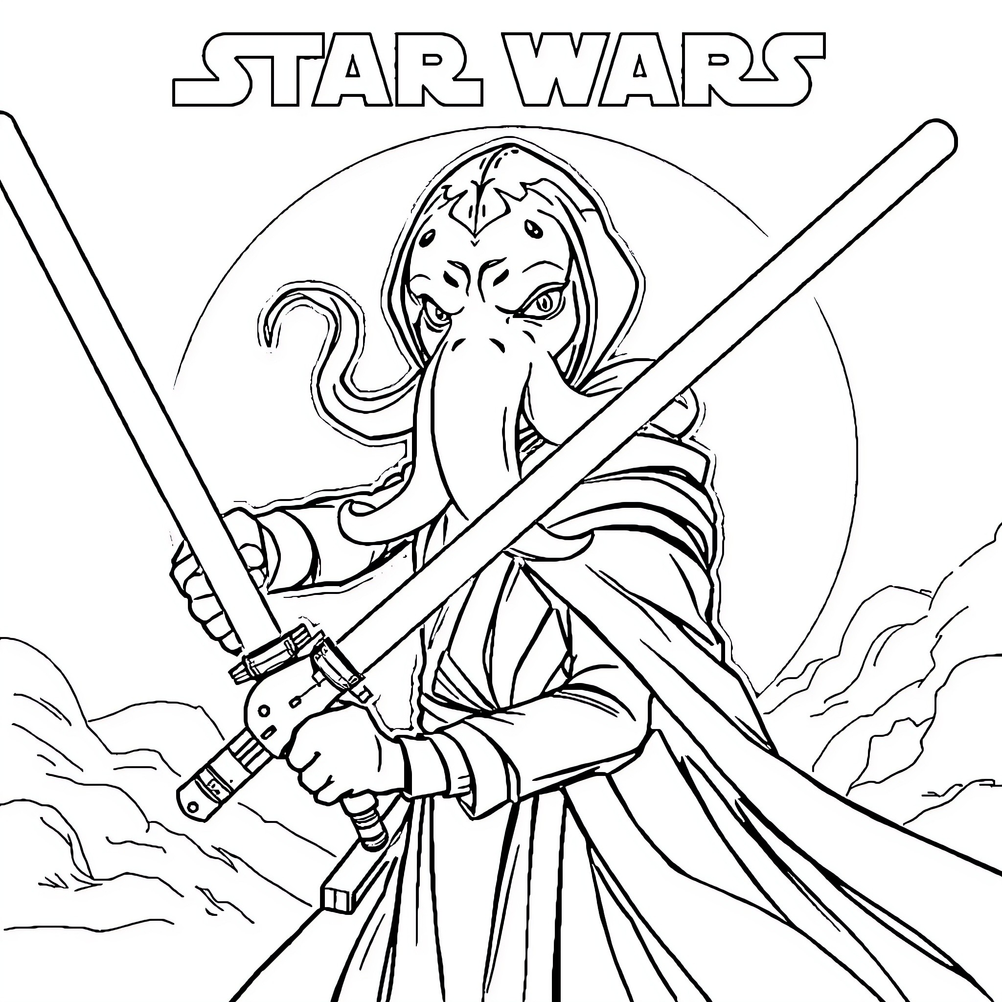 Kit Fisto wielding lightsabers in dramatic scene Coloring Page (free black-and-white line drawing printable PDF for all, from beginners to advanced learners, including children, teens, adults, and seniors)
