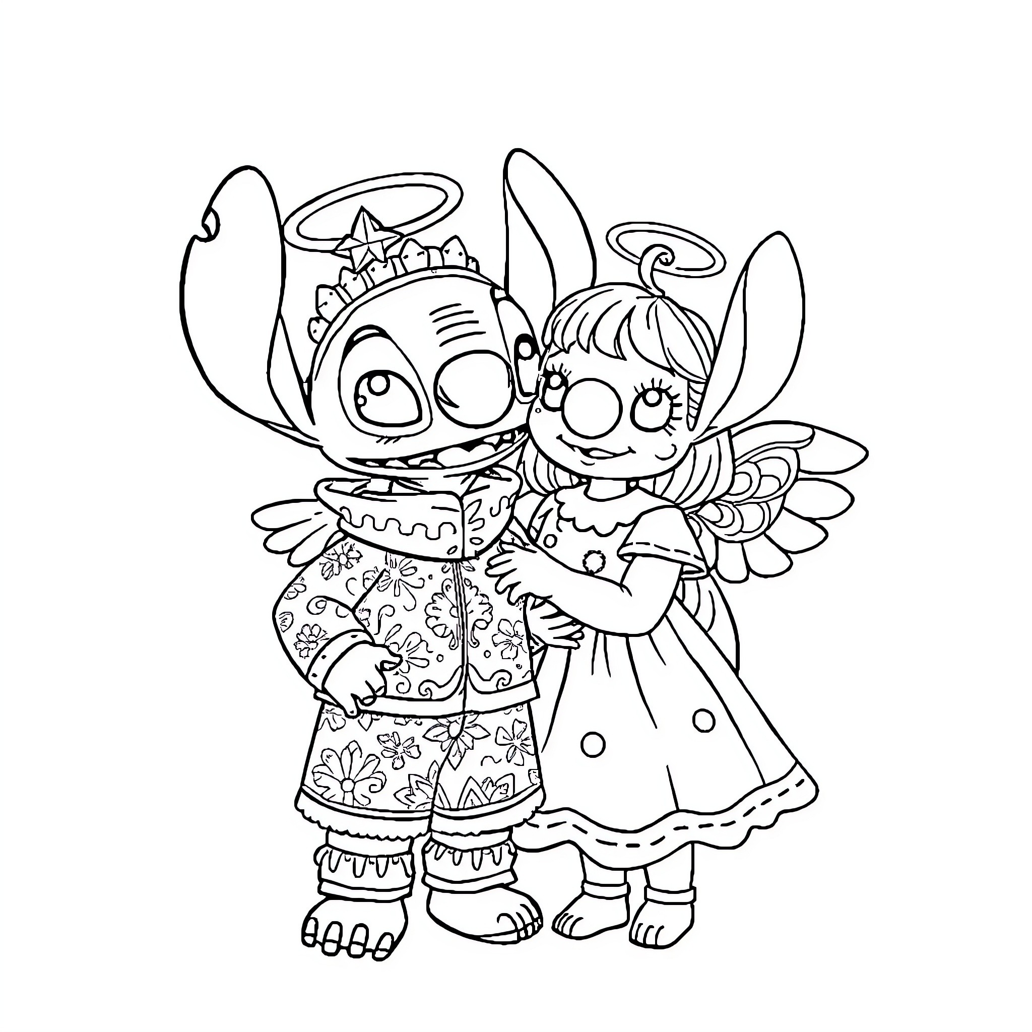 Stitch and Angel playfully embrace Coloring Page (free black-and-white line drawing printable PDF for all, from beginners to advanced learners, including children, teens, adults, and seniors)