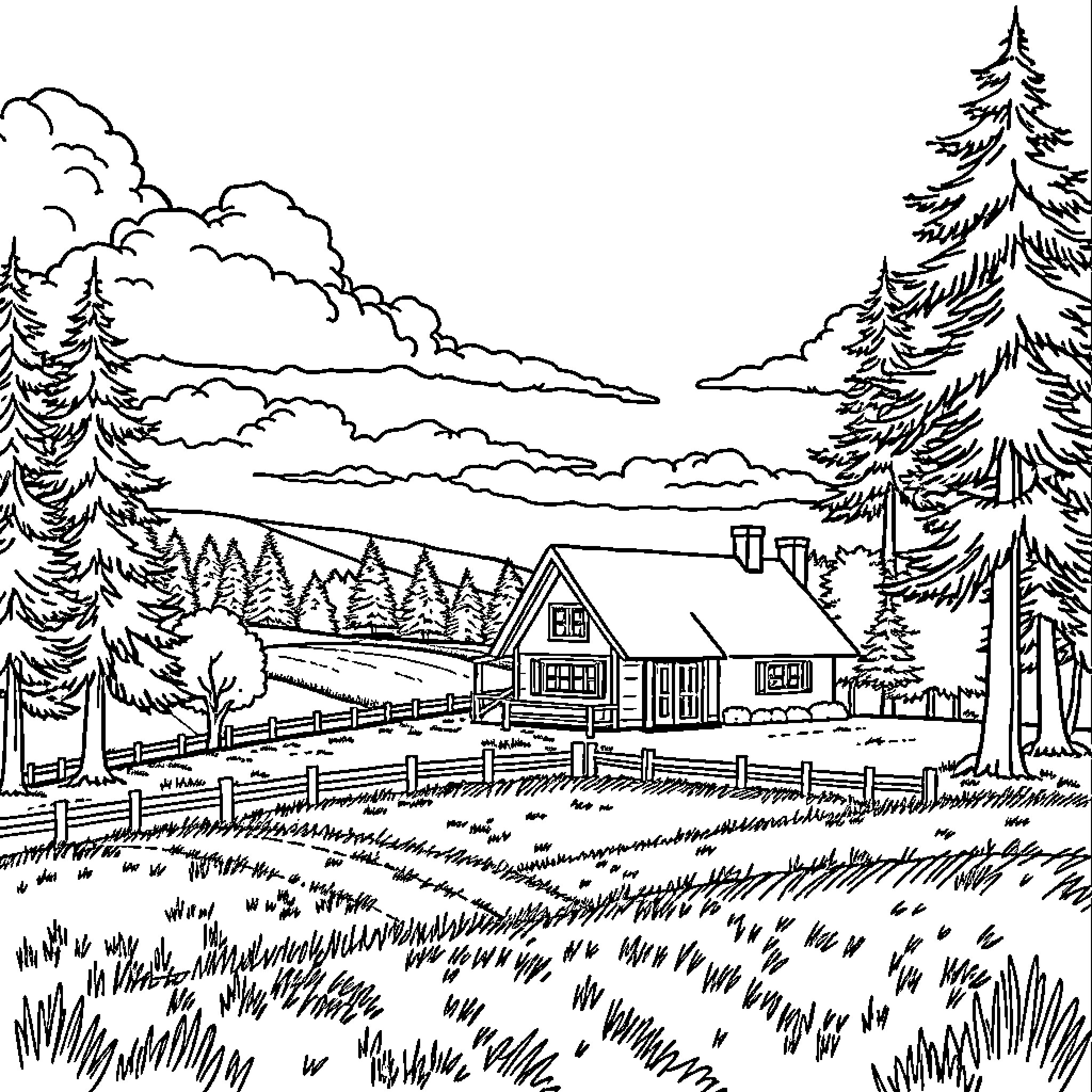 Home in the Peaceful Countryside Coloring Page (free black-and-white line drawing printable PDF for all, from beginners to advanced learners, including children, teens, adults, and seniors)