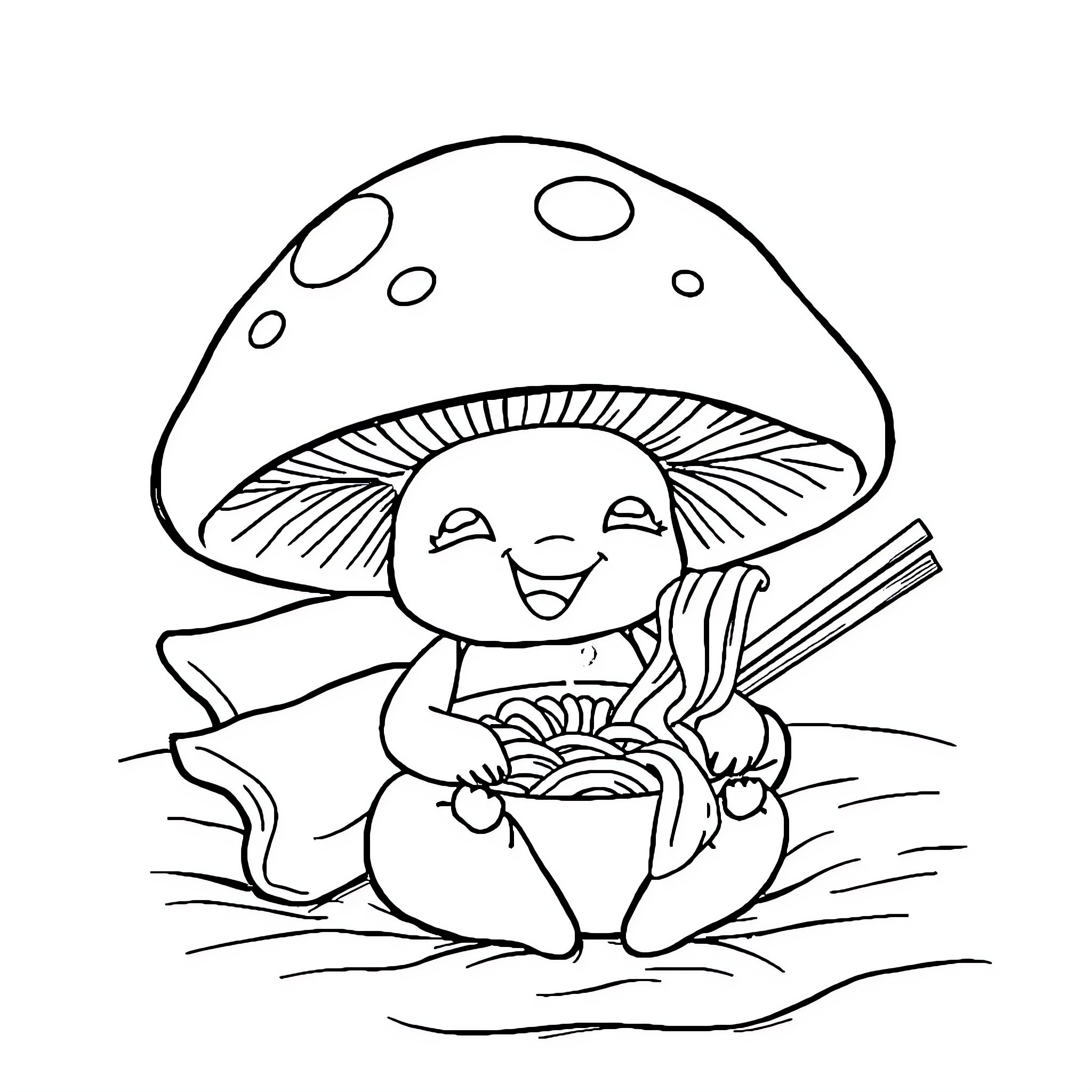 Mushroom person happily cooking noodles Coloring Page (free black-and-white line drawing printable PDF for all, from beginners to advanced learners, including children, teens, adults, and seniors)