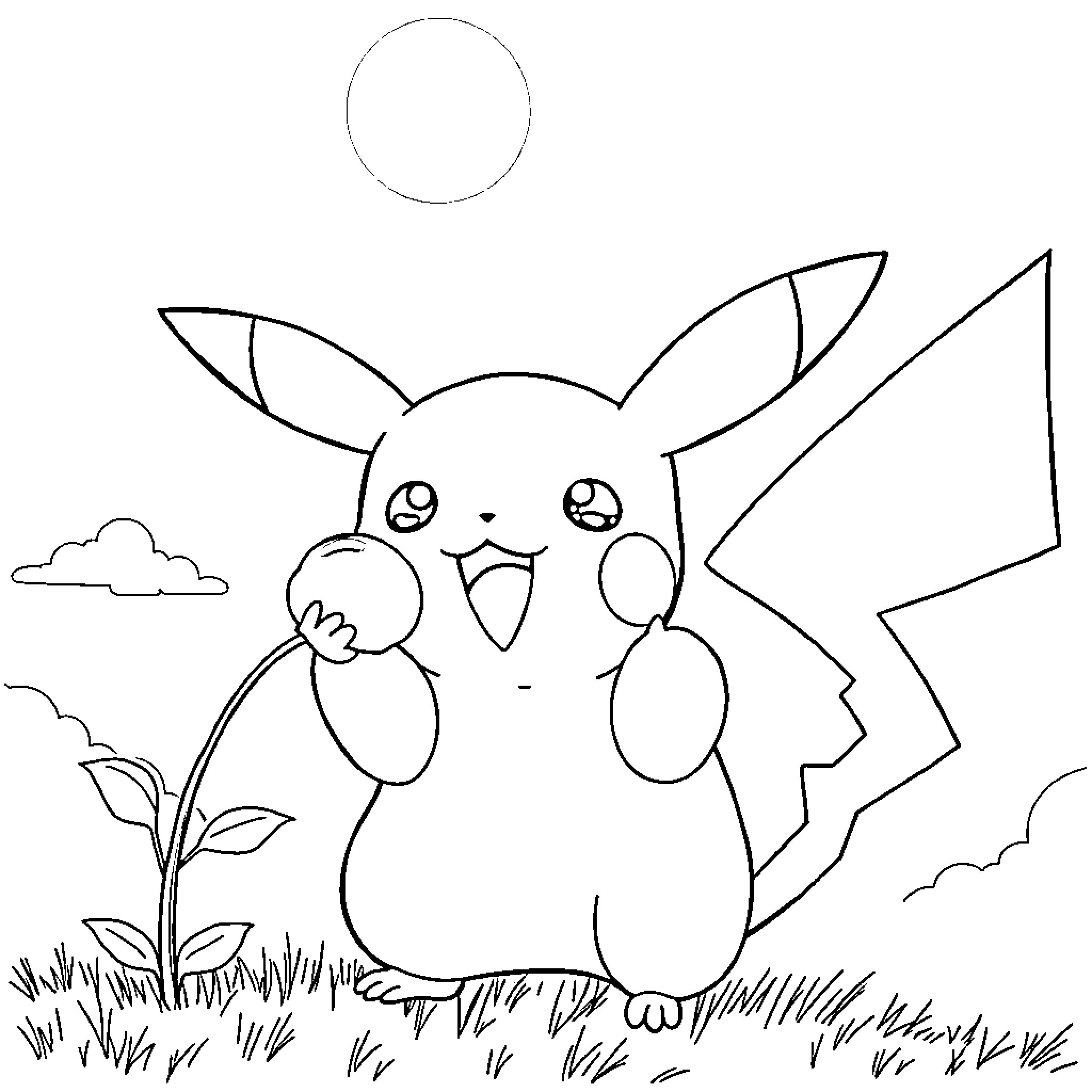 Pikachu sitting in a field Coloring Page (free black-and-white line drawing printable PDF for all, from beginners to advanced learners, including children, teens, adults, and seniors)