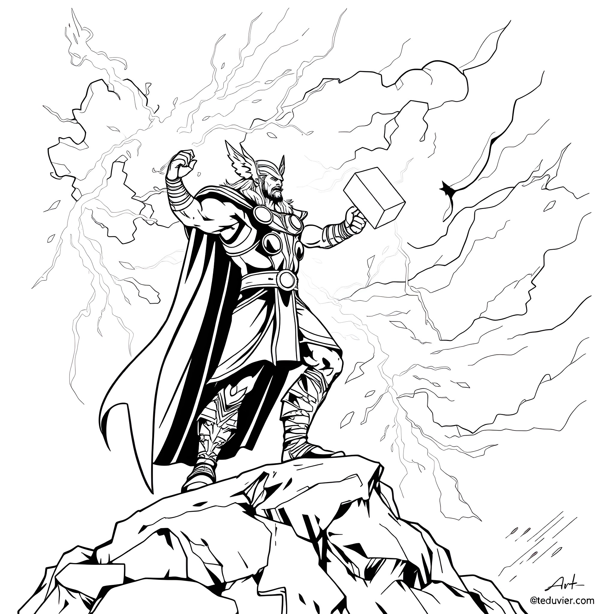 Thor wielding his hammer amid a stormy backdrop Coloring Page (free black-and-white line drawing printable PDF for all, from beginners to advanced learners, including children, teens, adults, and seniors)
