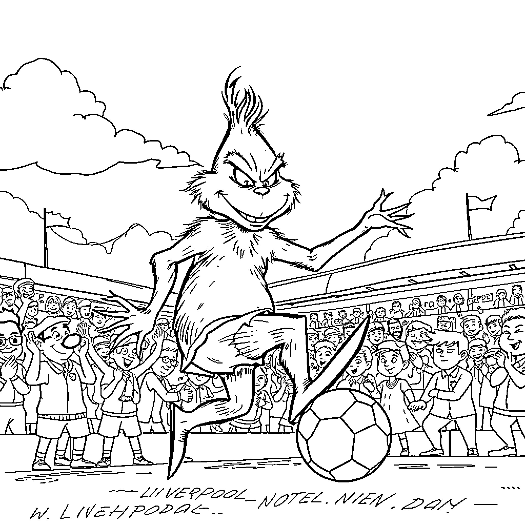 Grinch Soccer Showdown in the Stadium Coloring Page (free black-and-white line drawing printable PDF for all, from beginners to advanced learners, including children, teens, adults, and seniors)