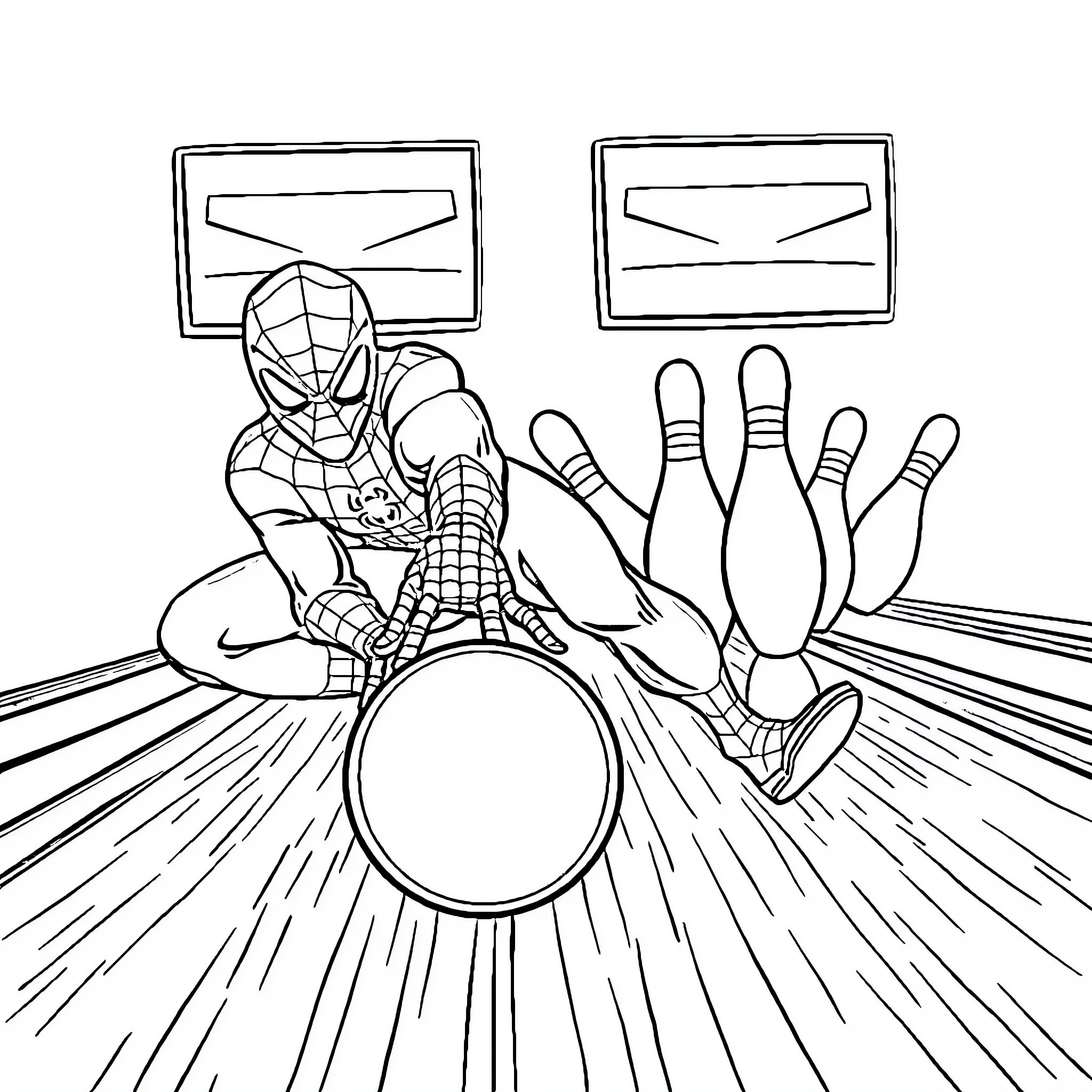 Spiderman bowling strike Coloring Page (free black-and-white line drawing printable PDF for all, from beginners to advanced learners, including children, teens, adults, and seniors)