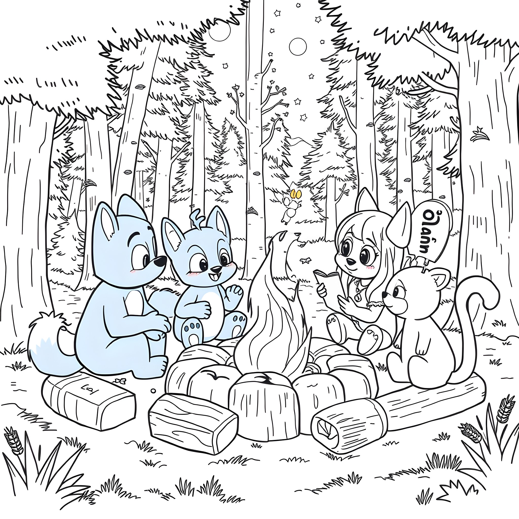 Bluey's Cozy Forest Adventure Coloring Page (free black-and-white line drawing printable PDF for all, from beginners to advanced learners, including children, teens, adults, and seniors)