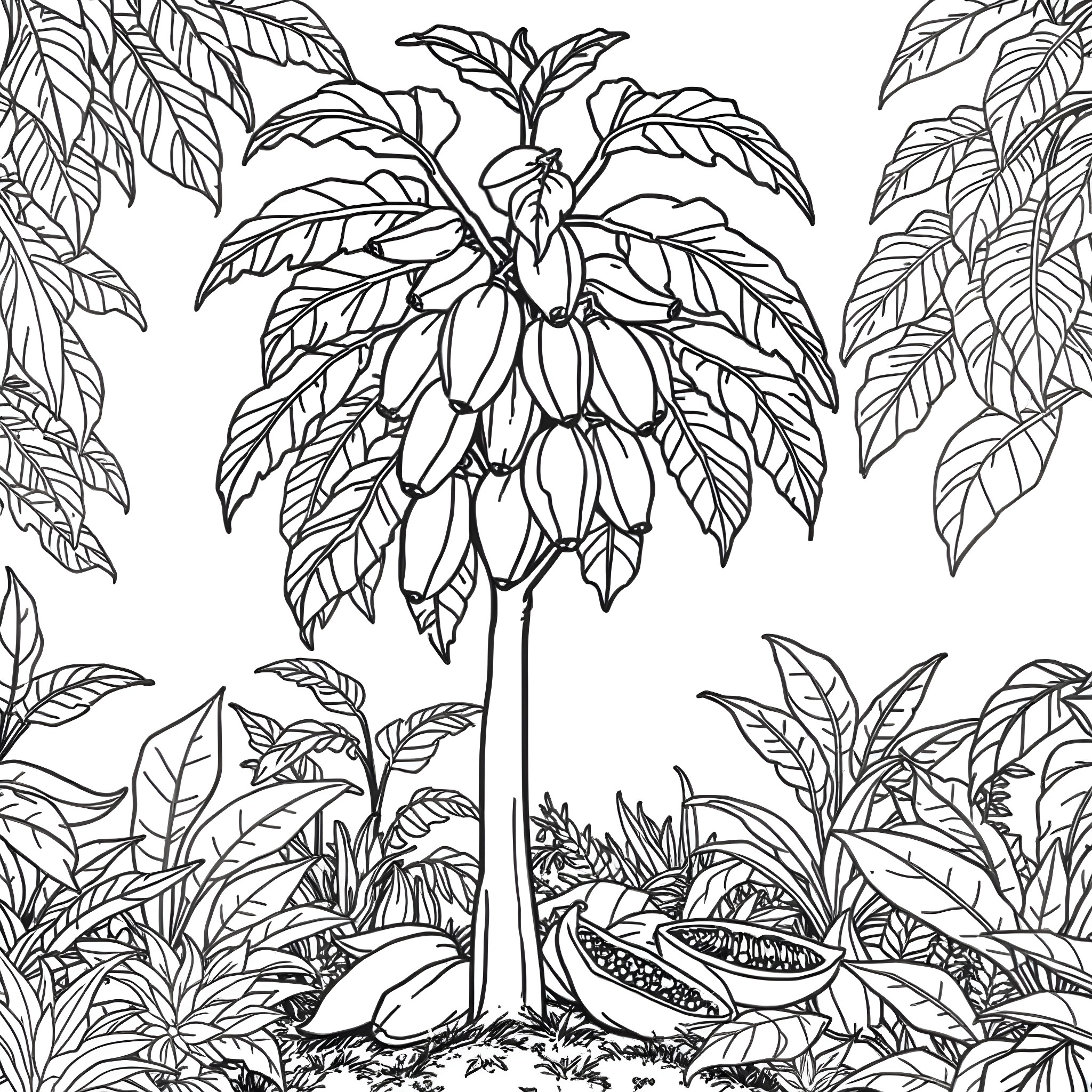 Papaya plant growing in lush tropical foliage Coloring Page (free black-and-white line drawing printable PDF for all, from beginners to advanced learners, including children, teens, adults, and seniors)