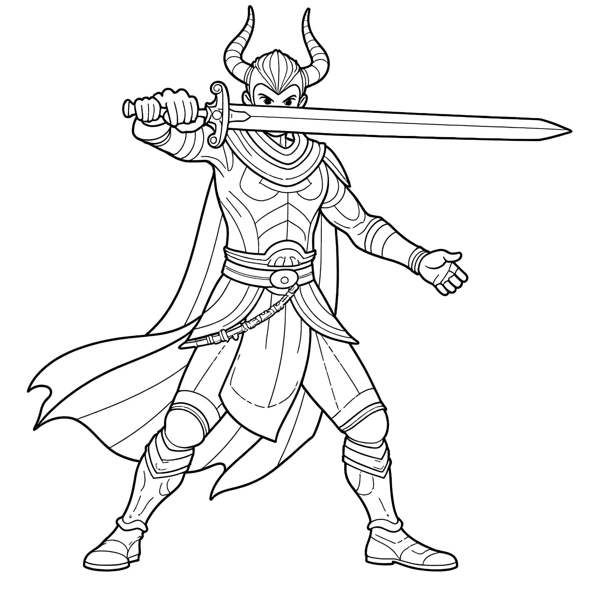 Demon Slayer Warrior Brandishing a Sword Coloring Page (free black-and-white line drawing printable PDF for all, from beginners to advanced learners, including children, teens, adults, and seniors)