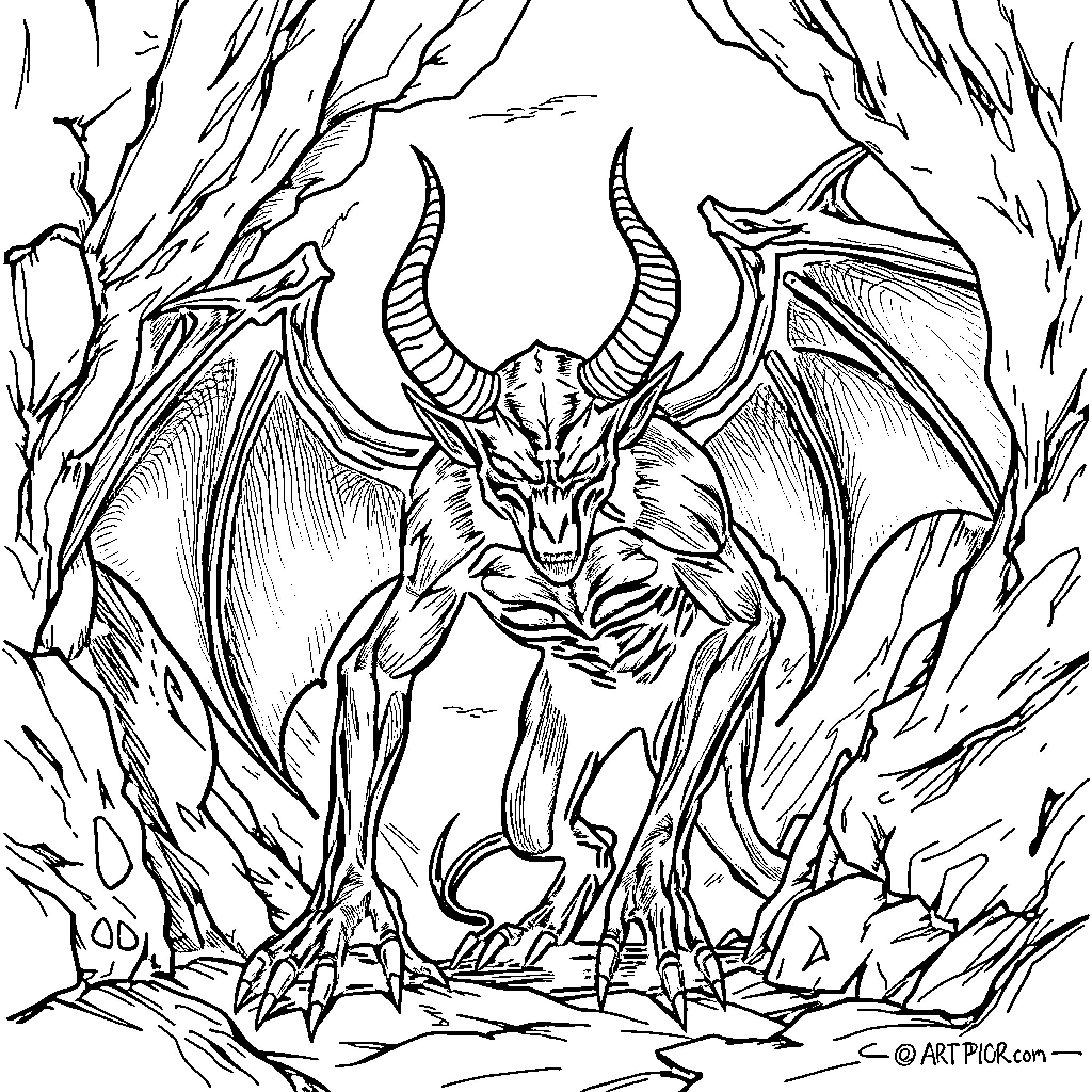 Demon Unleashing its Wrath in the Shadows Coloring Page (free black-and-white line drawing printable PDF for all, from beginners to advanced learners, including children, teens, adults, and seniors)