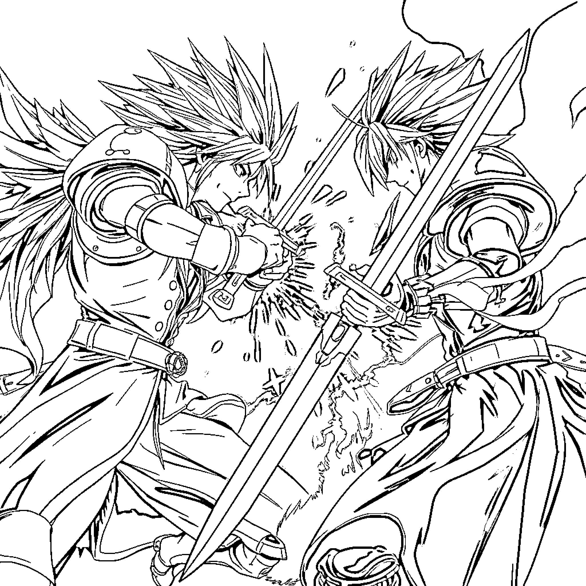 Sephiroth's Intense Clash with Adversary Coloring Page (free black-and-white line drawing printable PDF for all, from beginners to advanced learners, including children, teens, adults, and seniors)