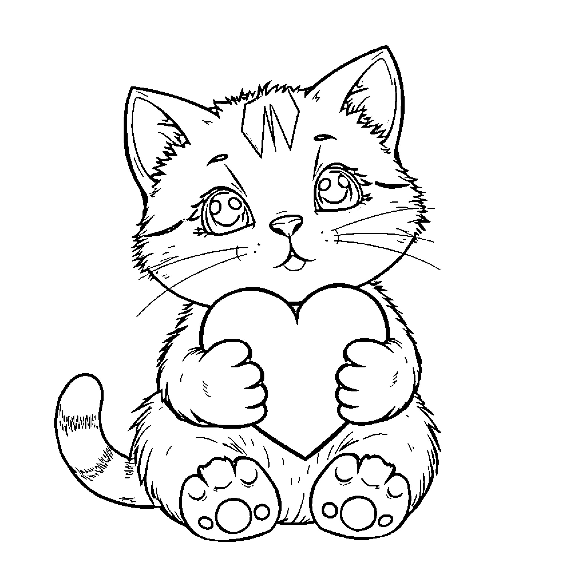 Cat holding heart-shaped object Coloring Page (free black-and-white line drawing printable PDF for all, from beginners to advanced learners, including children, teens, adults, and seniors)
