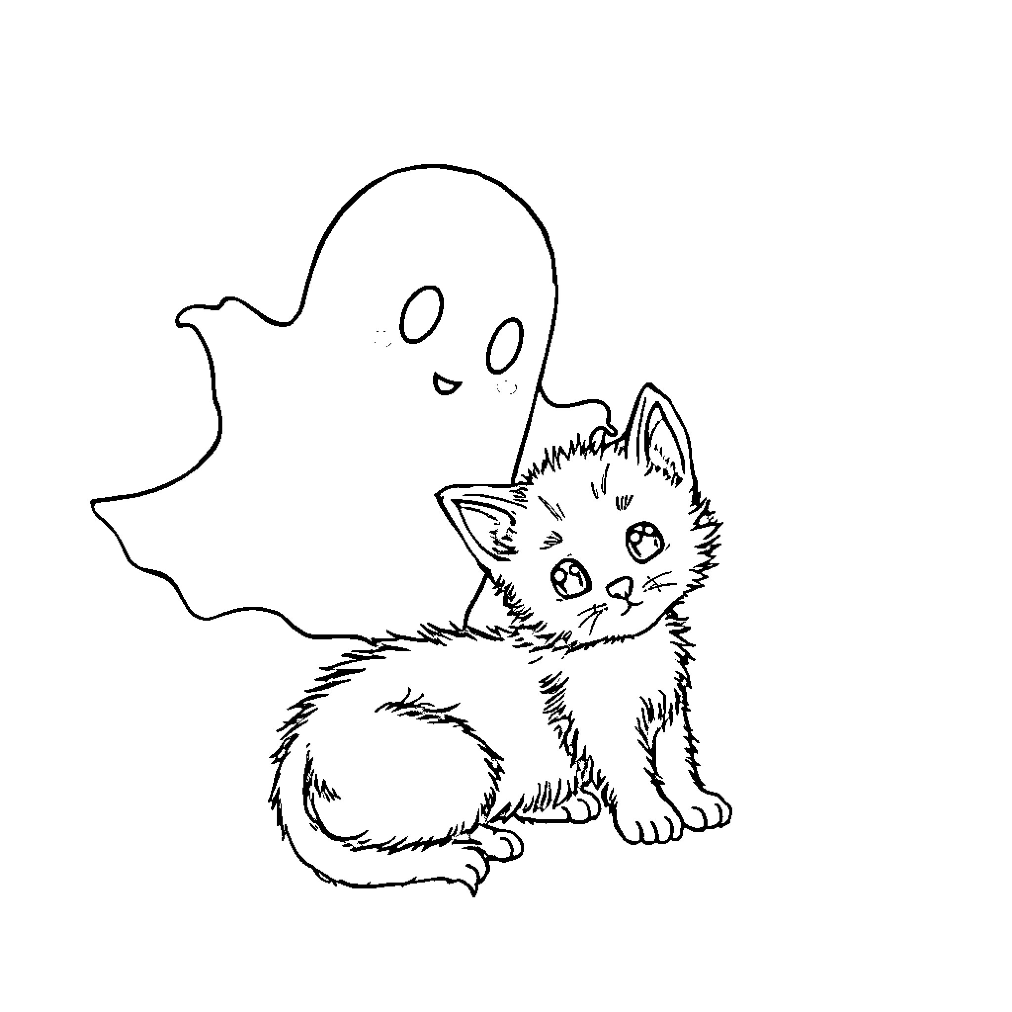 Ghost kitten playing with a friendly ghost Coloring Page (free black-and-white line drawing printable PDF for all, from beginners to advanced learners, including children, teens, adults, and seniors)