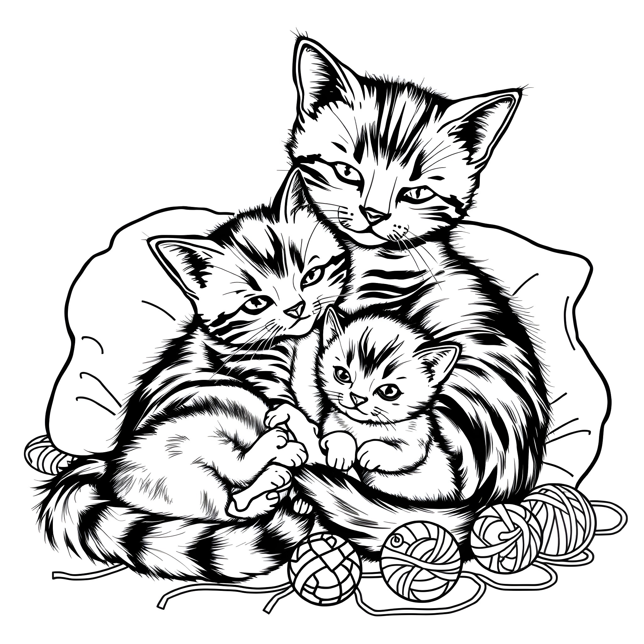 Cat Family Playing with Yarn Coloring Page (free black-and-white line drawing printable PDF for all, from beginners to advanced learners, including children, teens, adults, and seniors)