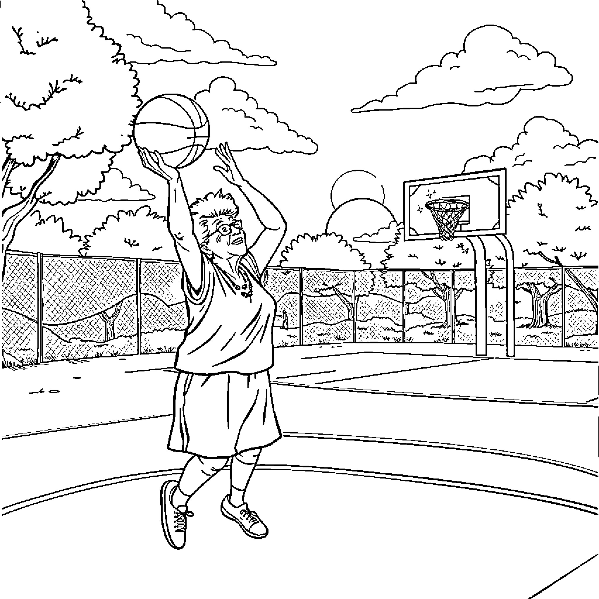Grandma playing basketball on the outdoor court Coloring Page (free black-and-white line drawing printable PDF for all, from beginners to advanced learners, including children, teens, adults, and seniors)