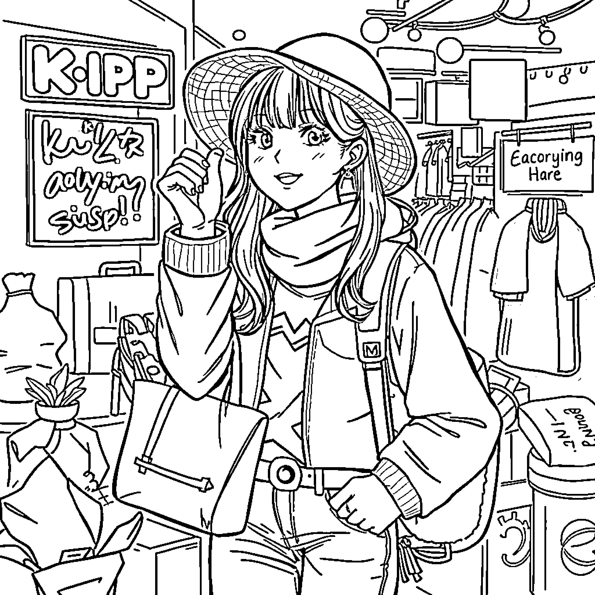 Mira's Clothing Shop Adventure Coloring Page (free black-and-white line drawing printable PDF for all, from beginners to advanced learners, including children, teens, adults, and seniors)