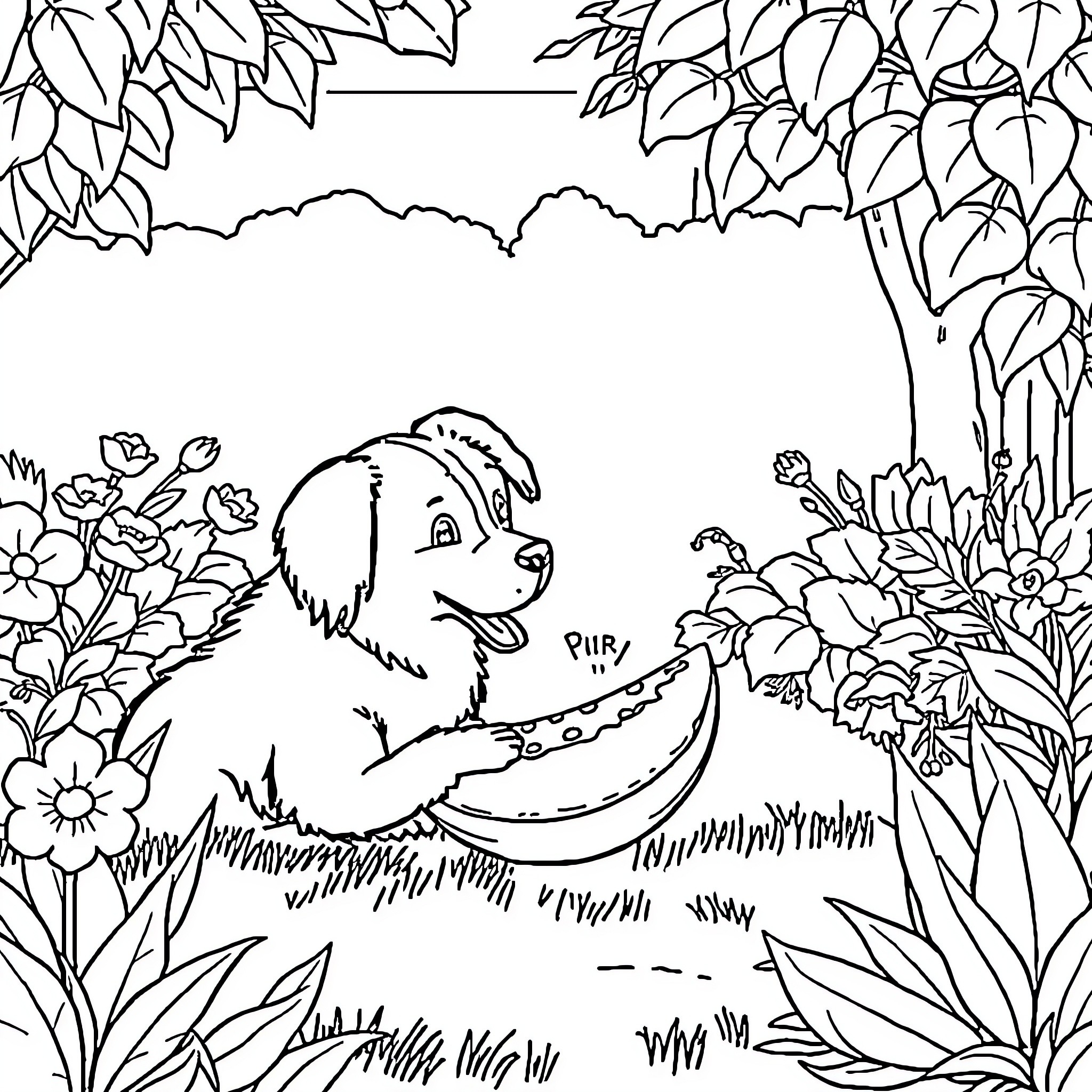 Dog resting in a lush garden Coloring Page (free black-and-white line drawing printable PDF for all, from beginners to advanced learners, including children, teens, adults, and seniors)