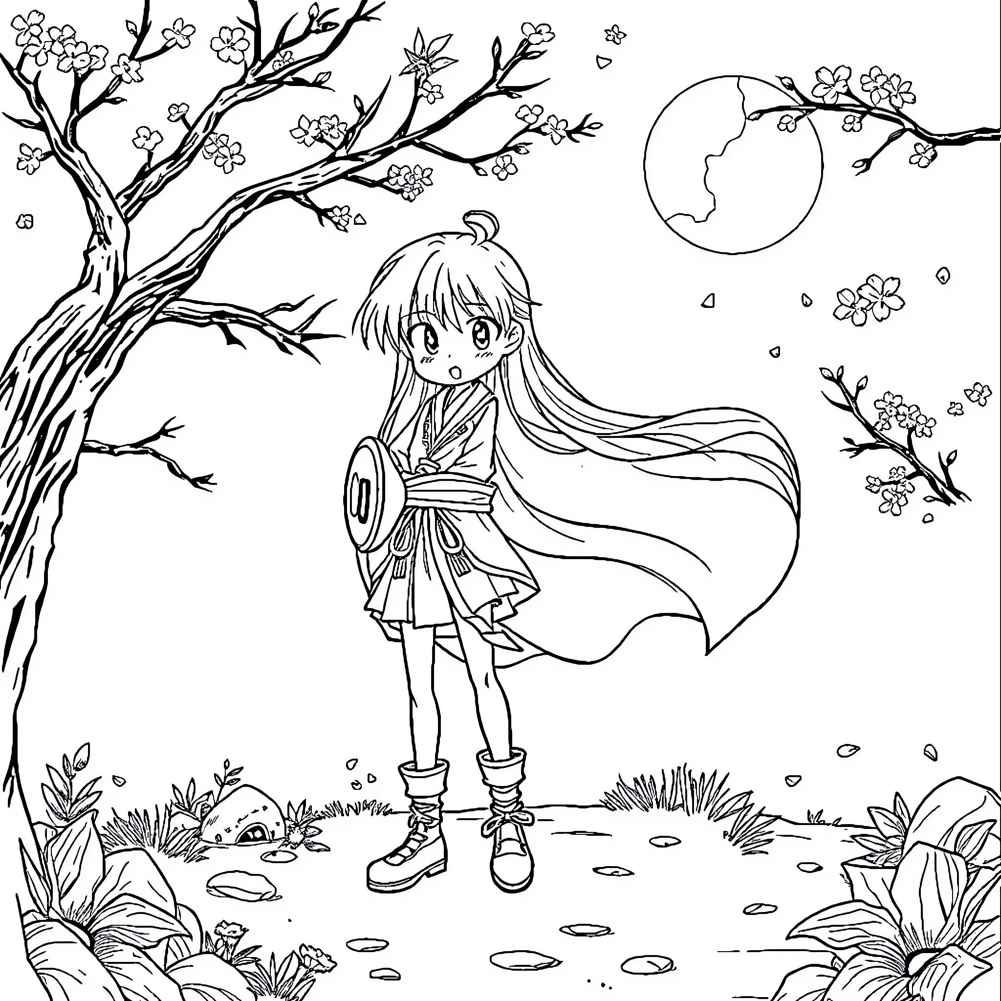 Girl admiring nature's beauty under a moonlit sky Coloring Page (free black-and-white line drawing printable PDF for all, from beginners to advanced learners, including children, teens, adults, and seniors)
