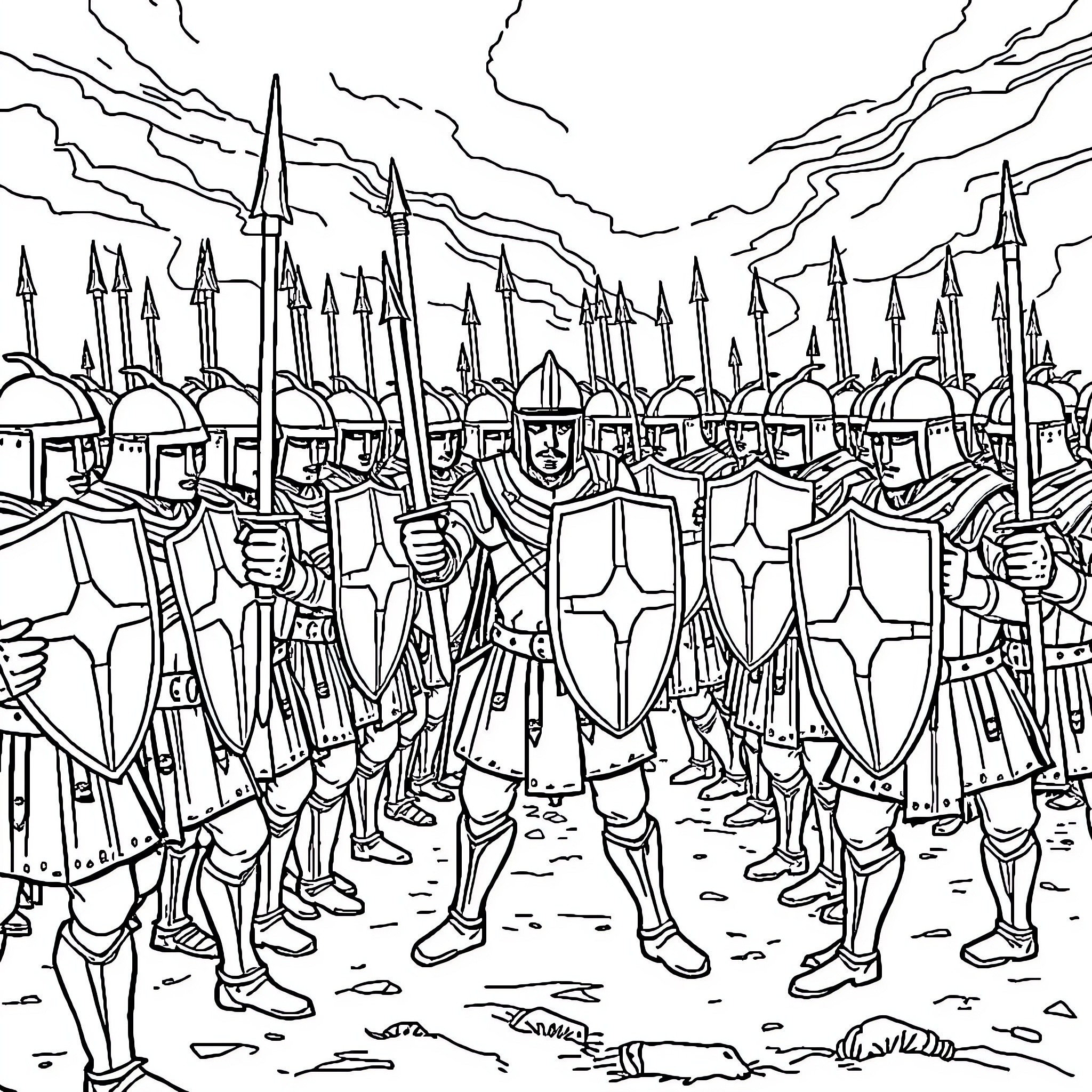 Army of Medieval Knights Marching in Formation Coloring Page (free black-and-white line drawing printable PDF for all, from beginners to advanced learners, including children, teens, adults, and seniors)