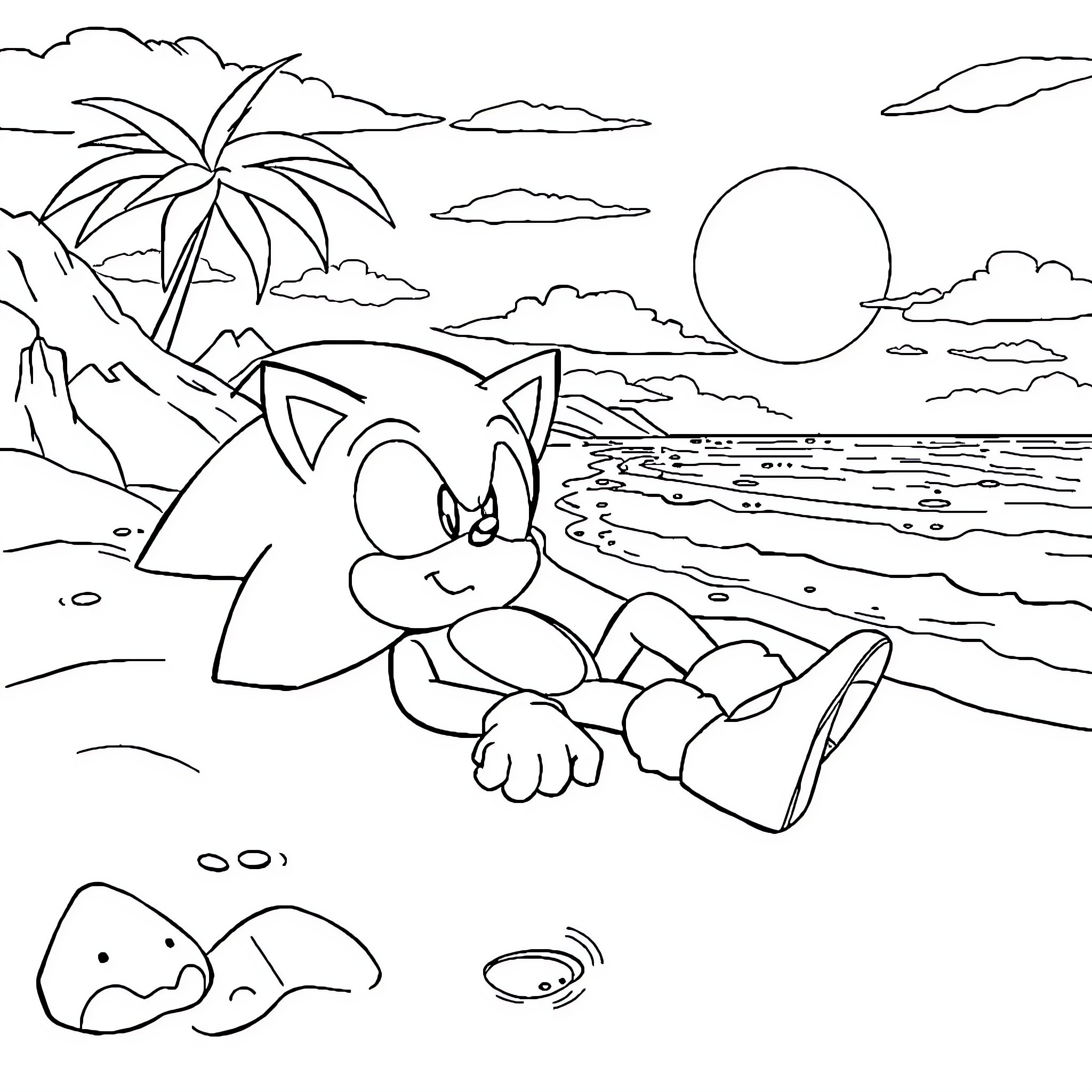 Sonic resting on a tropical beach Coloring Page (free black-and-white line drawing printable PDF for all, from beginners to advanced learners, including children, teens, adults, and seniors)
