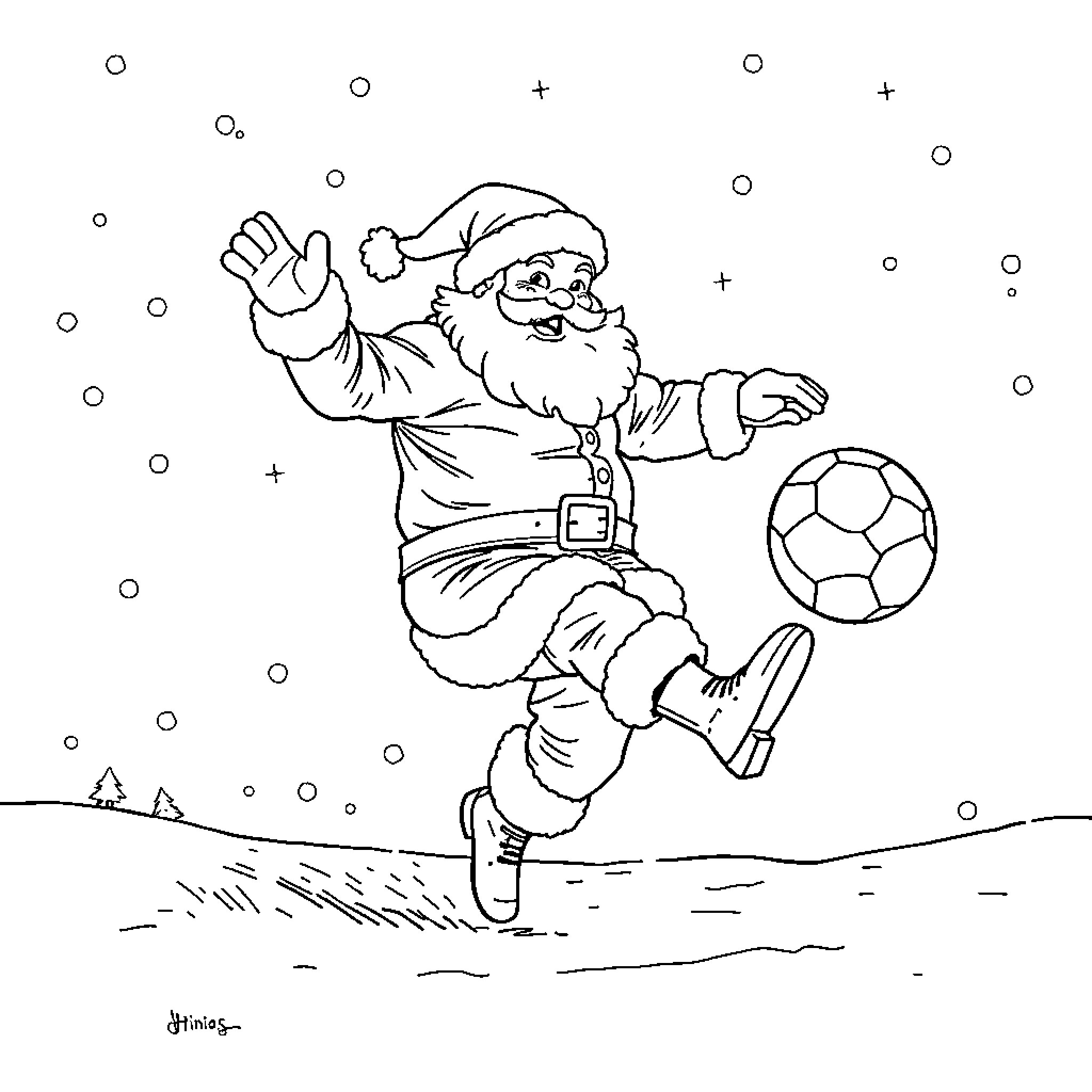 Santa playing joyfully with soccer ball in the snow Coloring Page (free black-and-white line drawing printable PDF for all, from beginners to advanced learners, including children, teens, adults, and seniors)