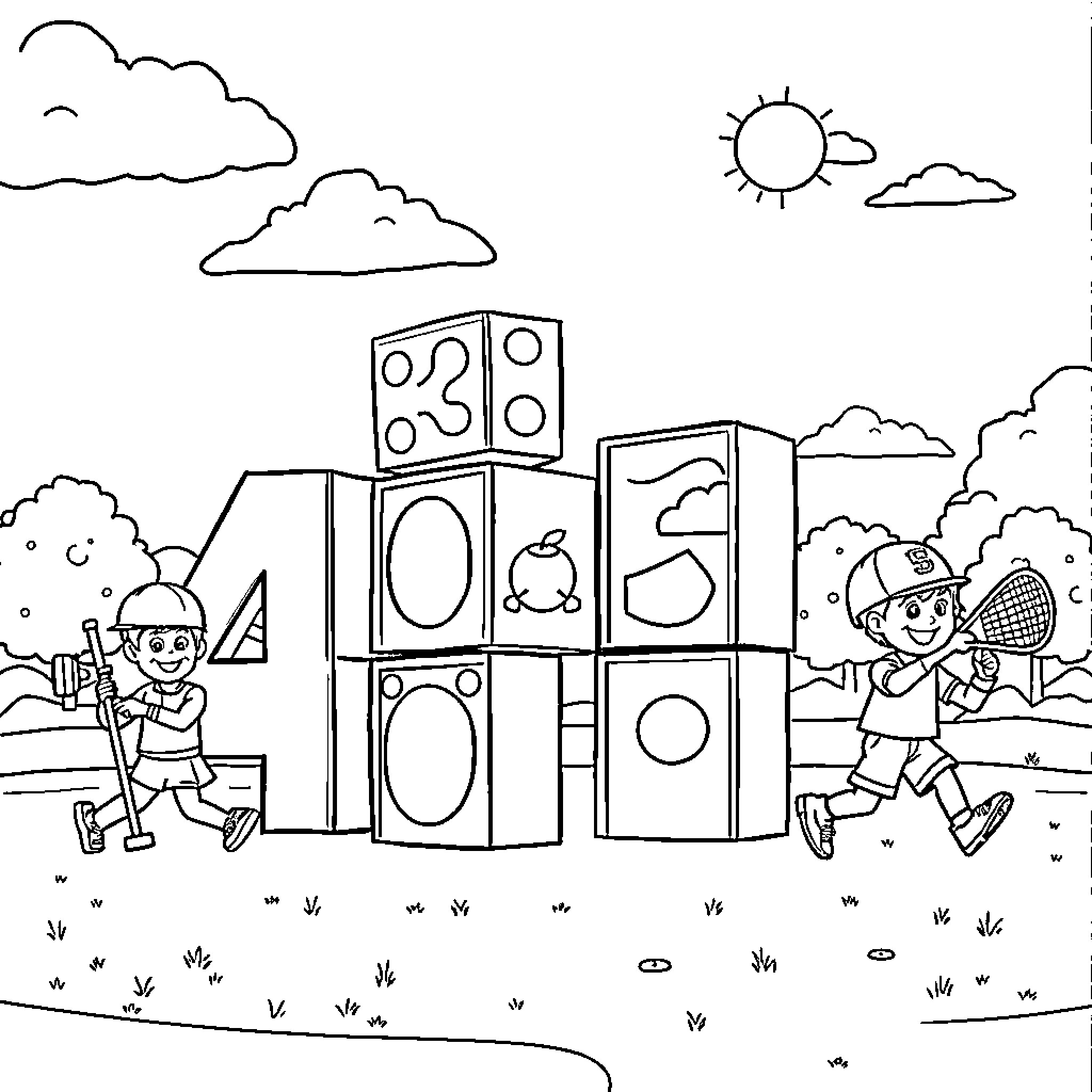 Number Blocks Playground Adventure Coloring Page (free black-and-white line drawing printable PDF for all, from beginners to advanced learners, including children, teens, adults, and seniors)
