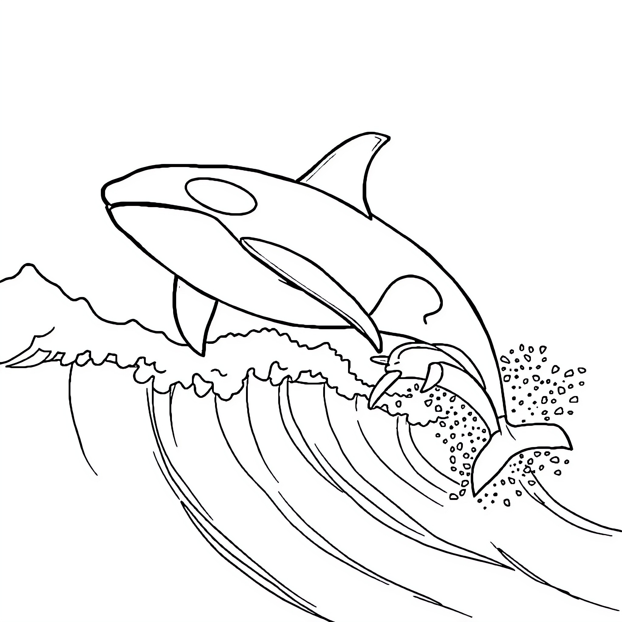 Orca leaping through waves Coloring Page (free black-and-white line drawing printable PDF for all, from beginners to advanced learners, including children, teens, adults, and seniors)